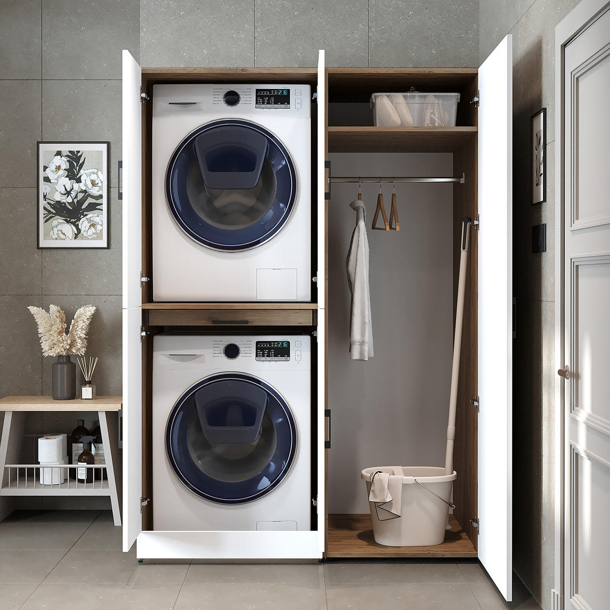 WASCHMASCHINENSCHRANK DORA-I 130cm Breit, 186cm Hoch - Eiche Bianco, Holzwerkstoff (130/186/73.8cm)