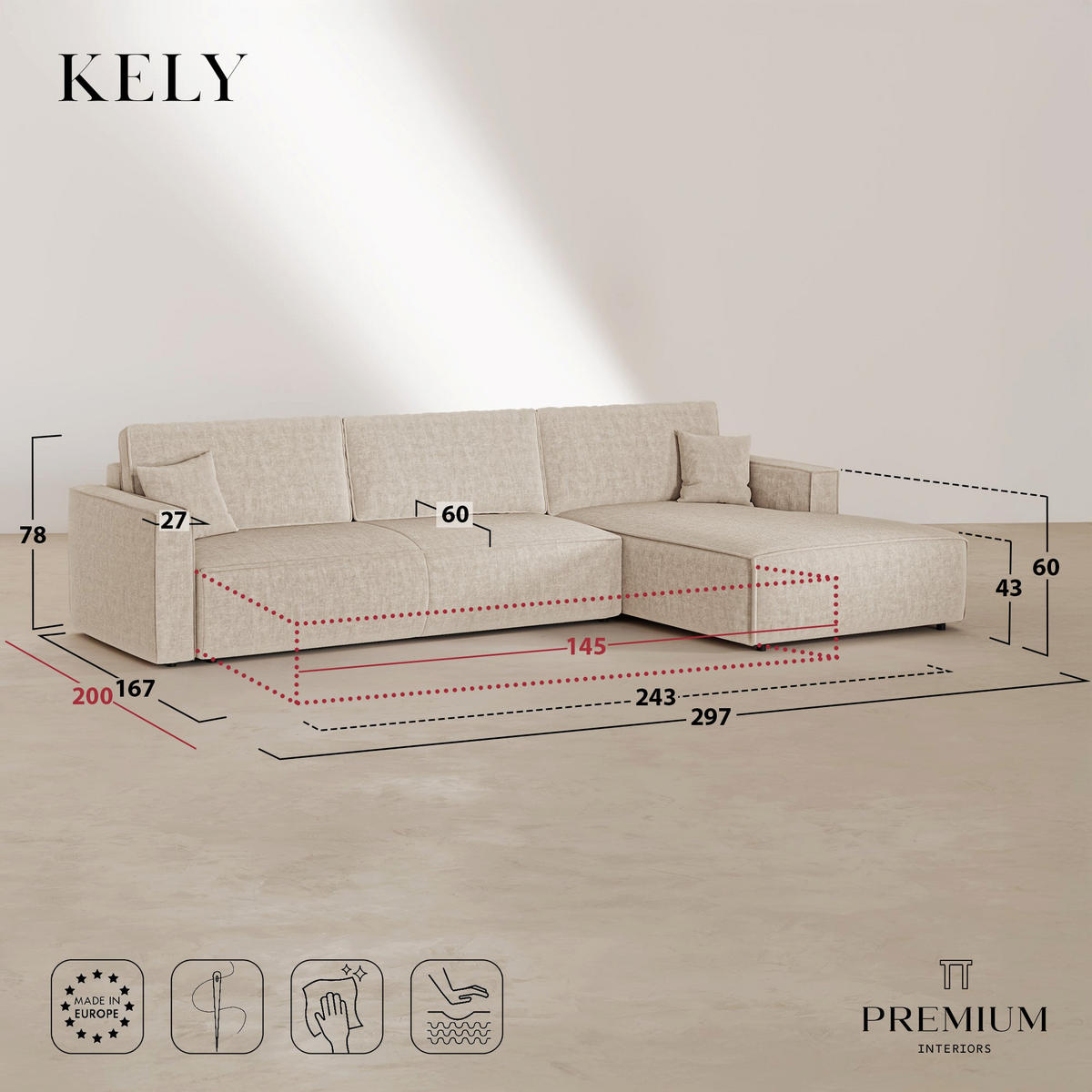 ECKSOFA rechtwinklig Cord Olivgrün 297cm - Olivgrün/Grün, Textil (297/167cm) - Premium Interiors