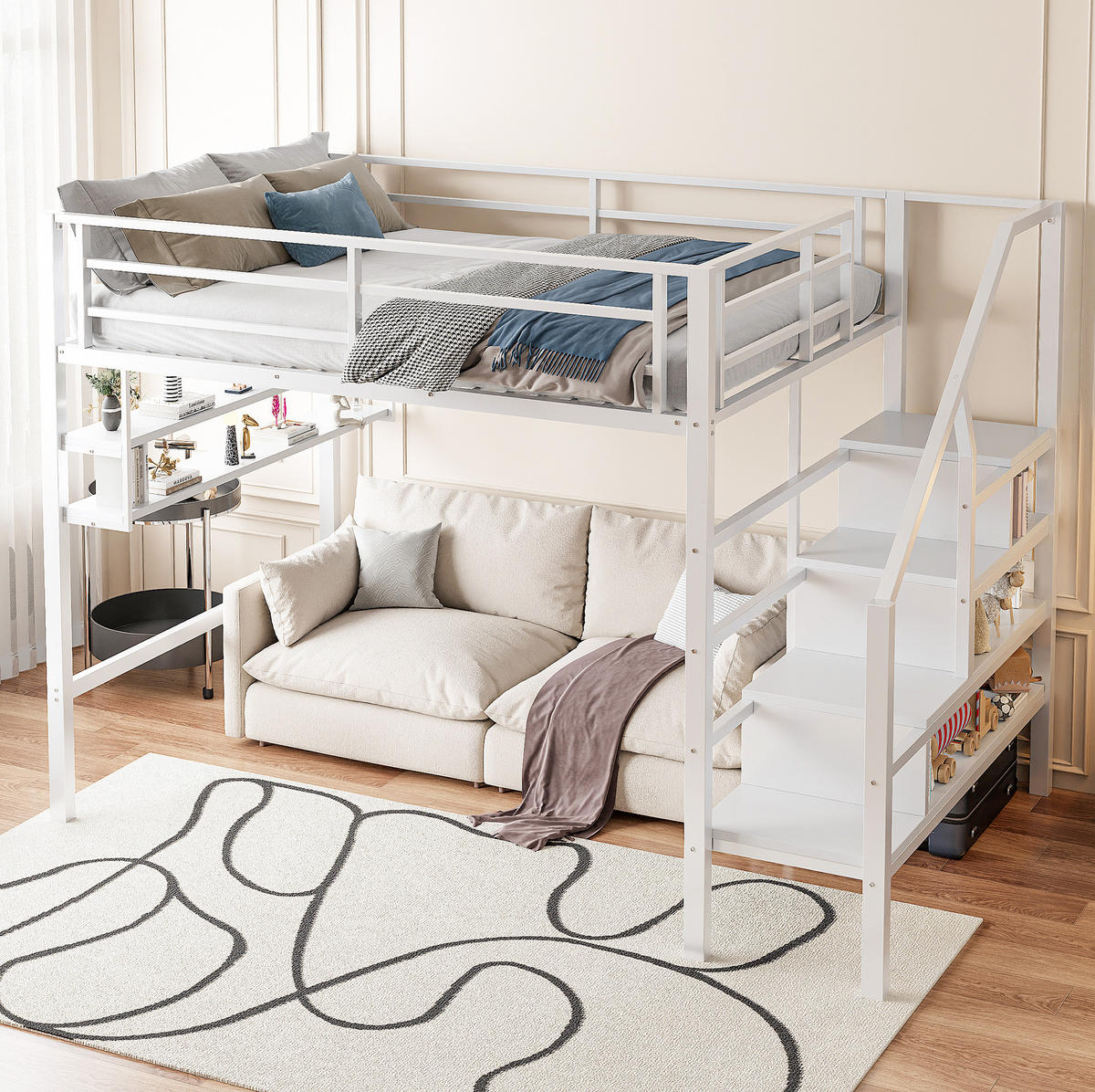 HOCHBETT 140/200 cm in Weiß – mit Stauraumleiter und Regalfächern - Weiß, Metall (140/200cm) - BEAOK
