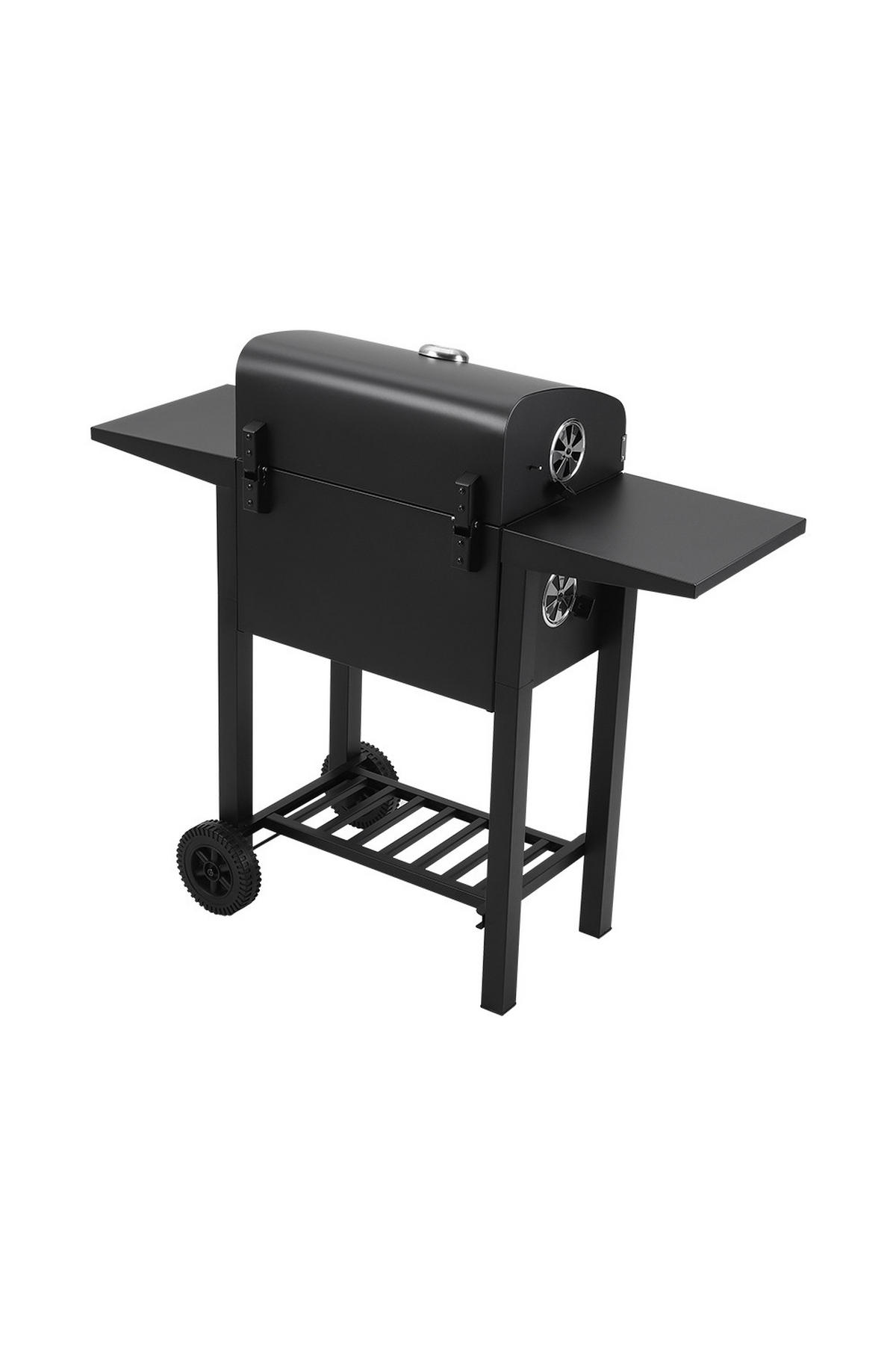 HOLZKOHLEGRILL aus Karbonstahl in Schwarz Tragbarer Outdoor BBQ 2 Seitentischen Temperaturbereich: 100-800°F 109 cm B × 46 cm T × 96,5 cm H - Schwarz, Metall (109/106.5/46cm) - Livingandhome