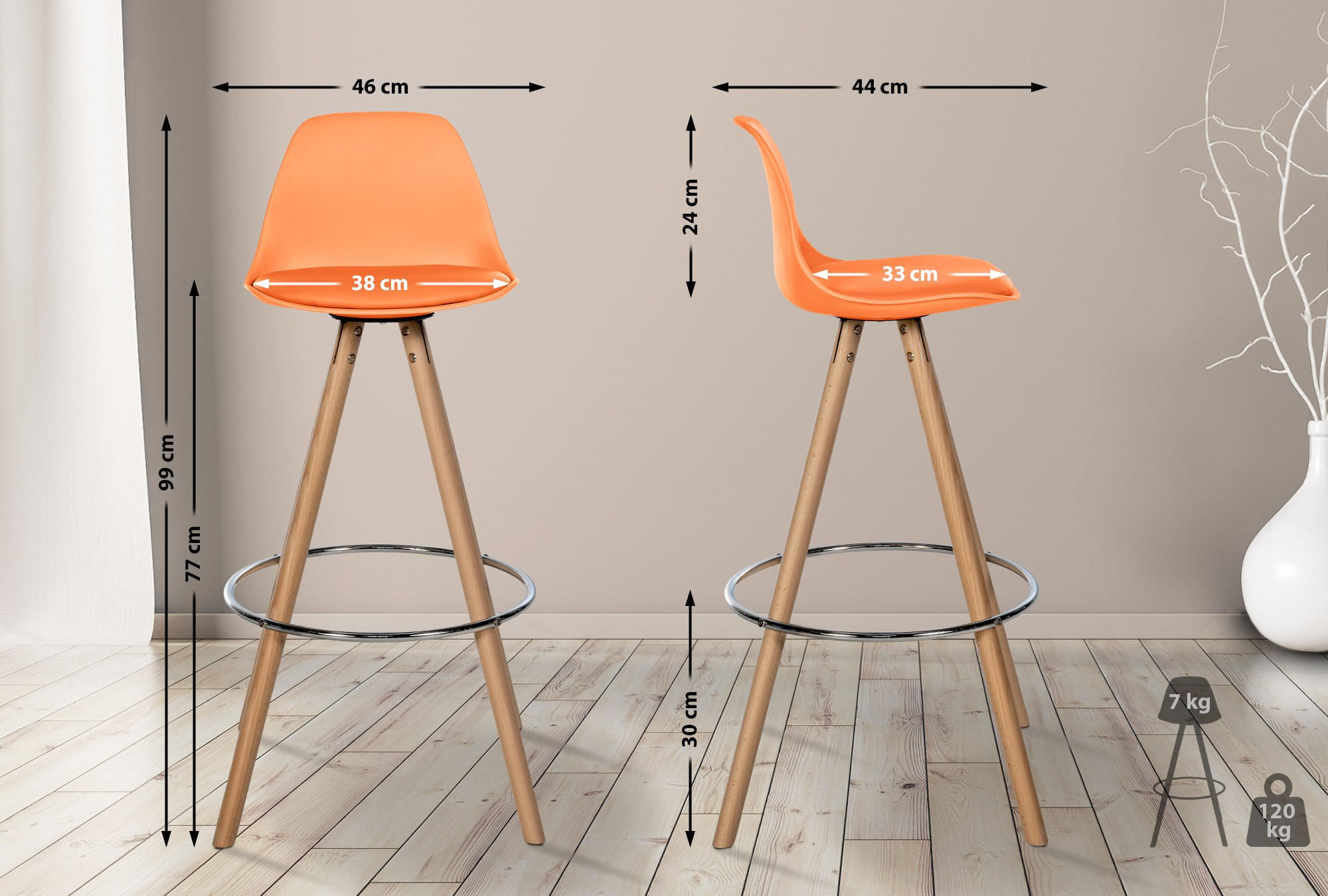 BARHOCKER PALMA Orange Kunstleder Braun - Orange, Leder/Holz (38/99/44cm) - DELUKE