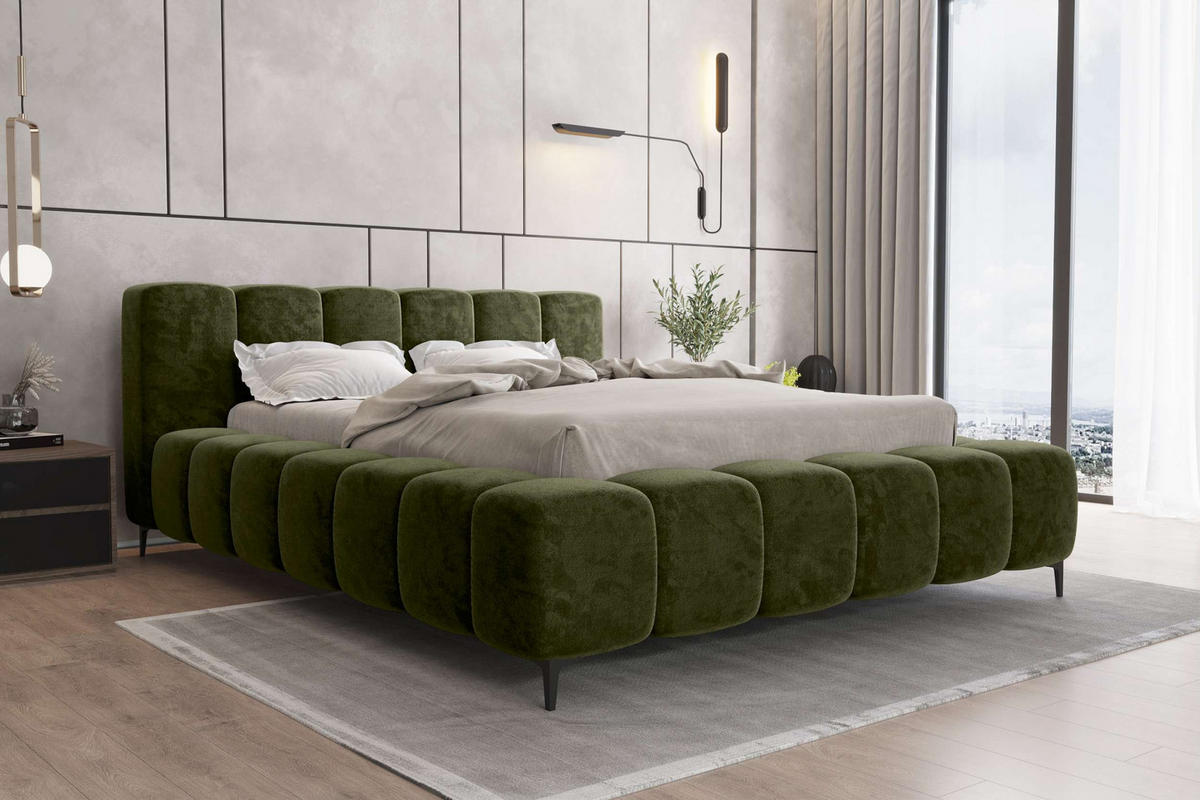 POLSTERBETT COZY Chenille Olivgrün 160/200 cm - Schwarz/Olivgrün, Textil/Metall (160/200cm) - 99rooms