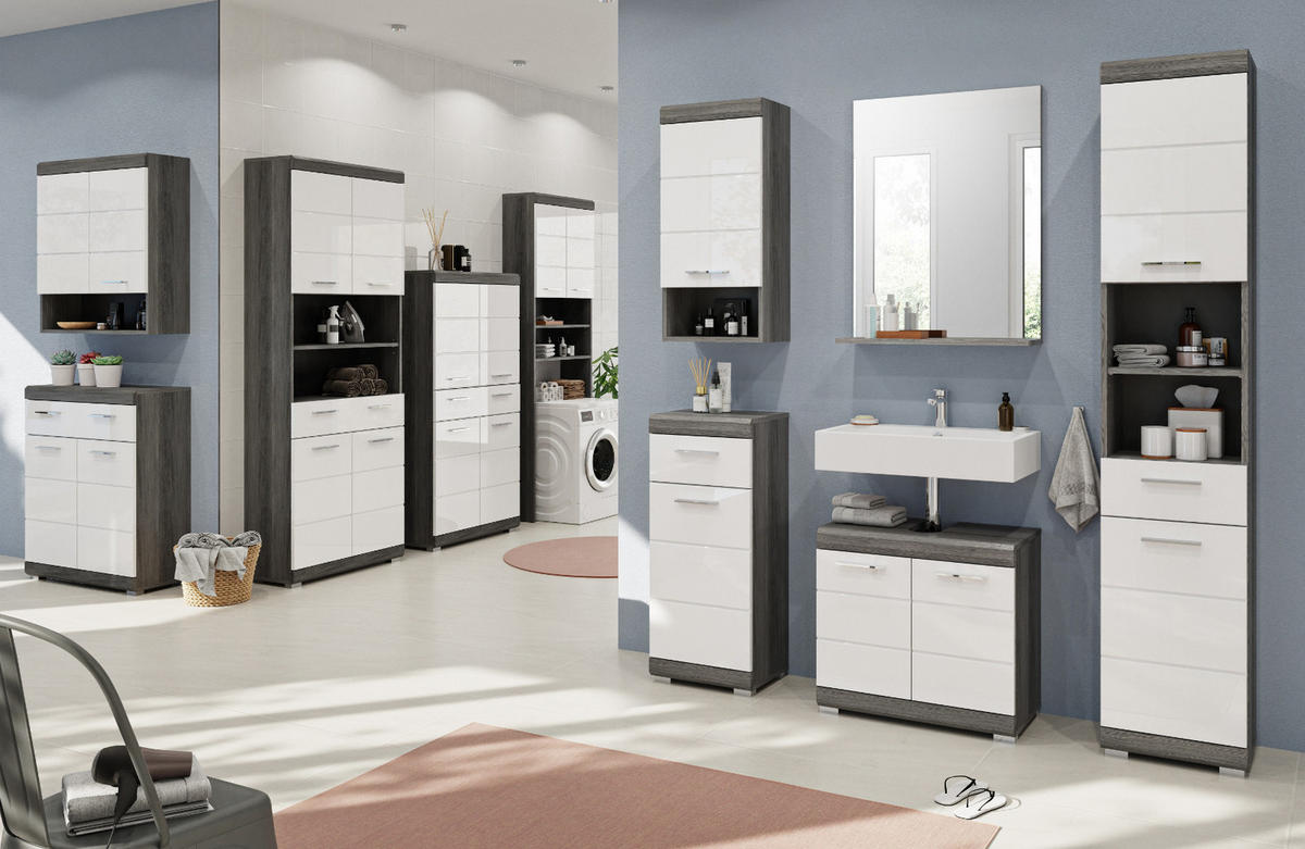 HOCHSCHRANK weiß Hochglanz, grau 4-türig 74 x 191 cm - Chromfarben/Weiß Hochglanz, Holzwerkstoff/Kunststoff (74/191/31cm) - Inn.Furn