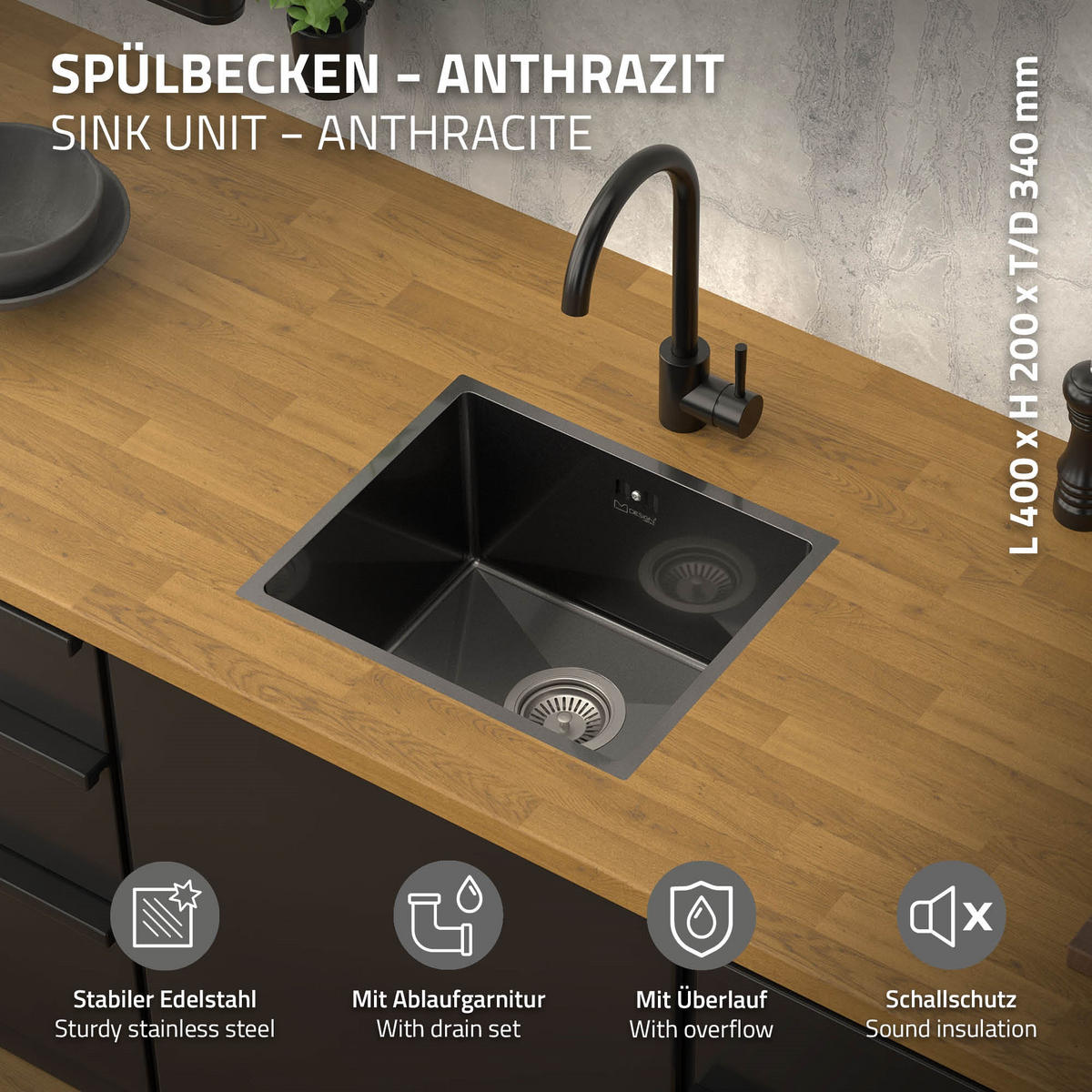 SPÜLBECKEN Edelstahl 34/40cm Anthrazit - Anthrazit, Metall (34/20/40cm) - ML-DESIGN