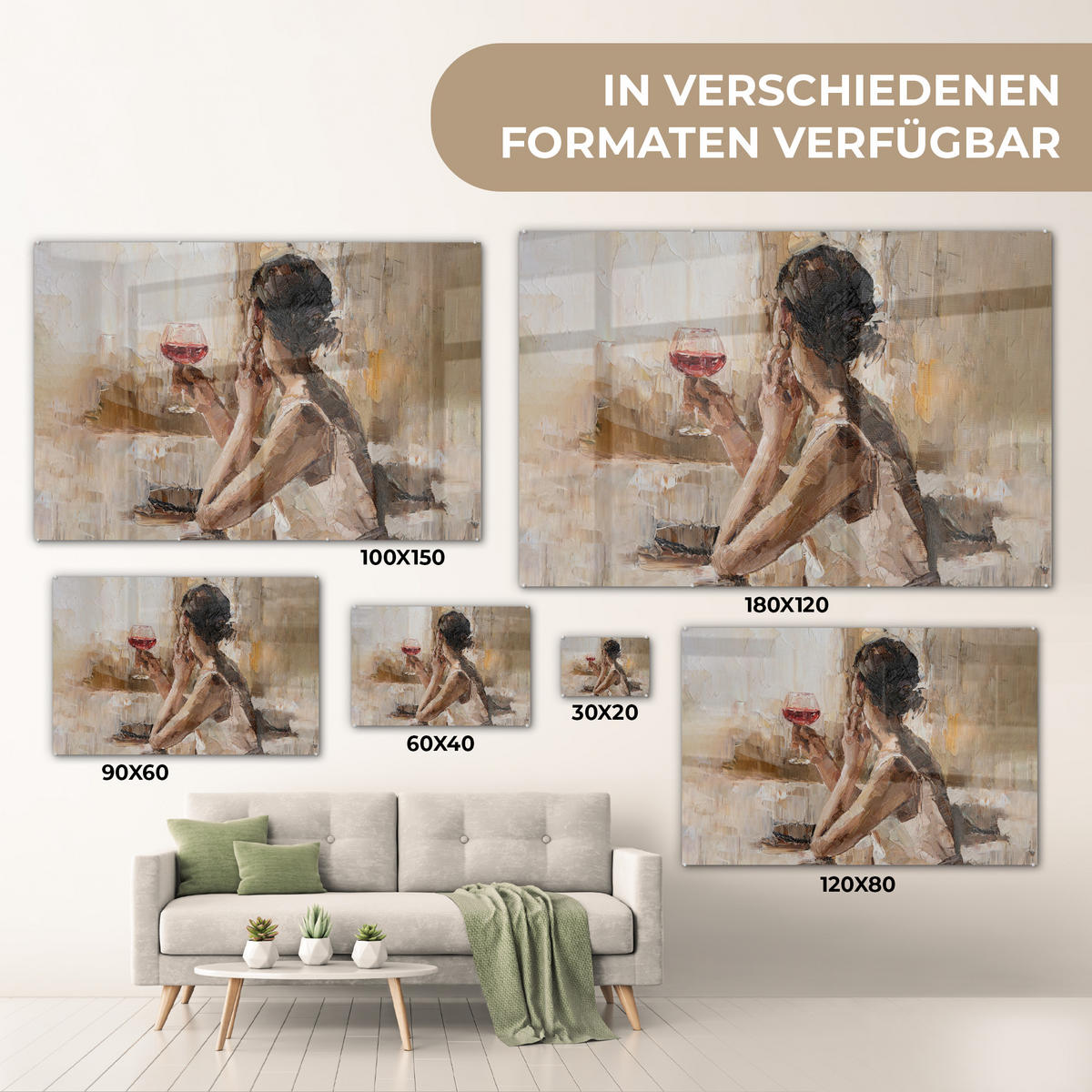 ACRYLGLASBILD Ölgemälde - Frau - Wein 120x80 cm - Hellbraun, Glas (120/80cm) - MuchoWow