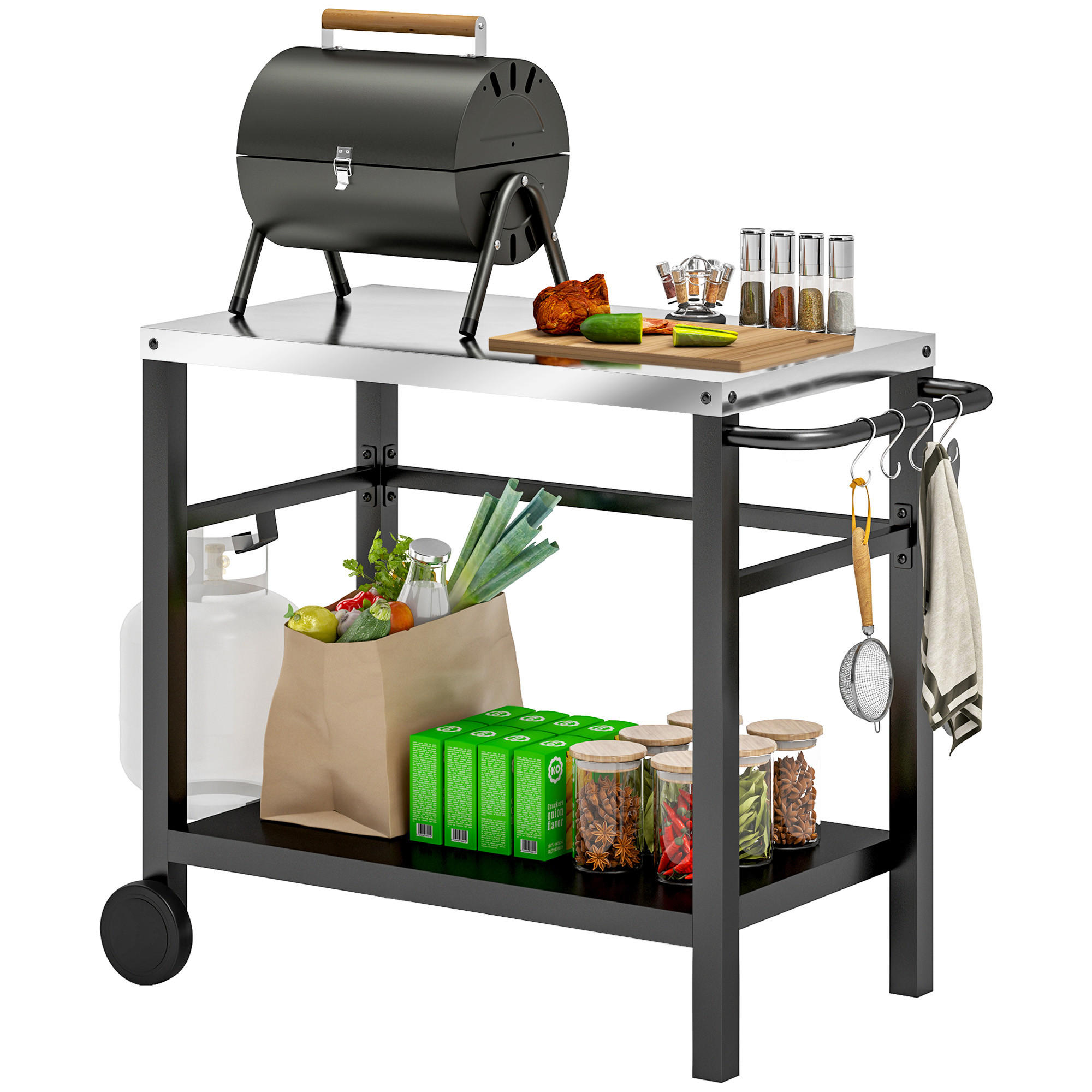 GRILLWAGEN DE-13800 Edelstahl-Arbeitsplatte & Haken Grau - Dunkelgrau, Metall (50/81/102cm) - ComfortXL