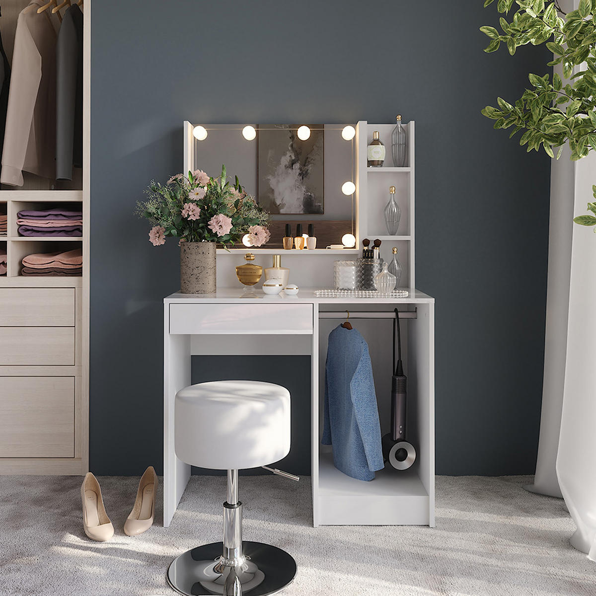 SCHMINKTISCH Sherry Weiß/Weiß Hochglanz 89.8 cm 5 Teile - Weiß Hochglanz, Holzwerkstoff (50.1cm) - Vicco