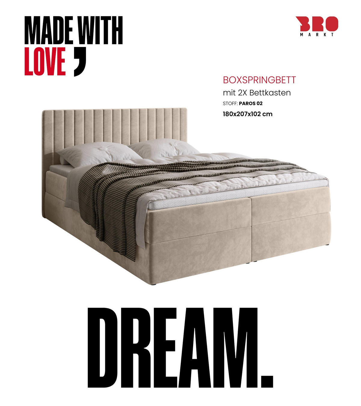 BOXBETT DREAM mit Topper 180x200 Beige - Beige, Textil (180/200cm) - Bromarkt