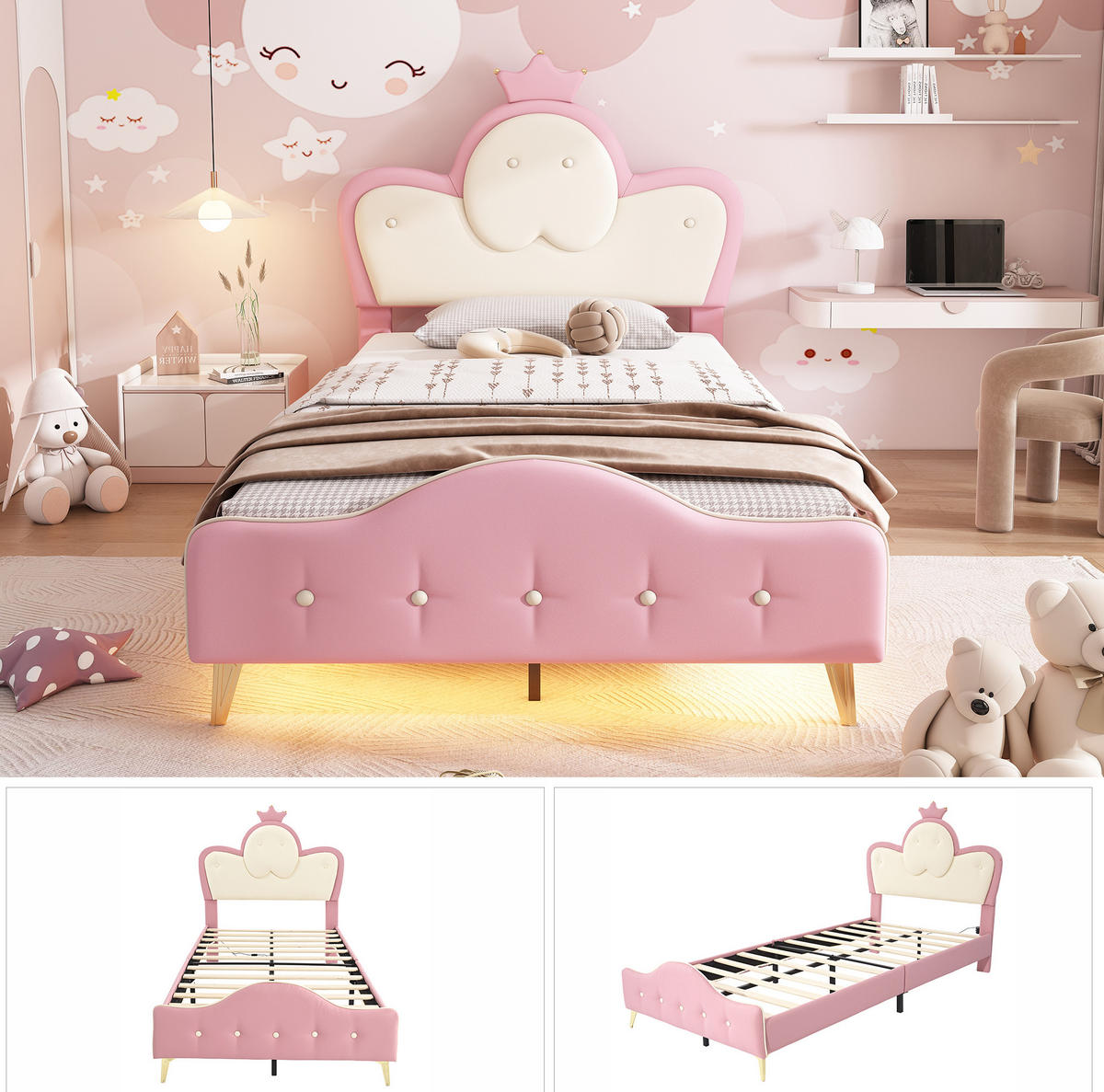 POLSTERBETT mit LED-Beleuchtung 90/200 cm in Rosa/Weiß mit gepolstertem Kopfteil - Weiß, Kunststoff (90/200cm) - BEAOK