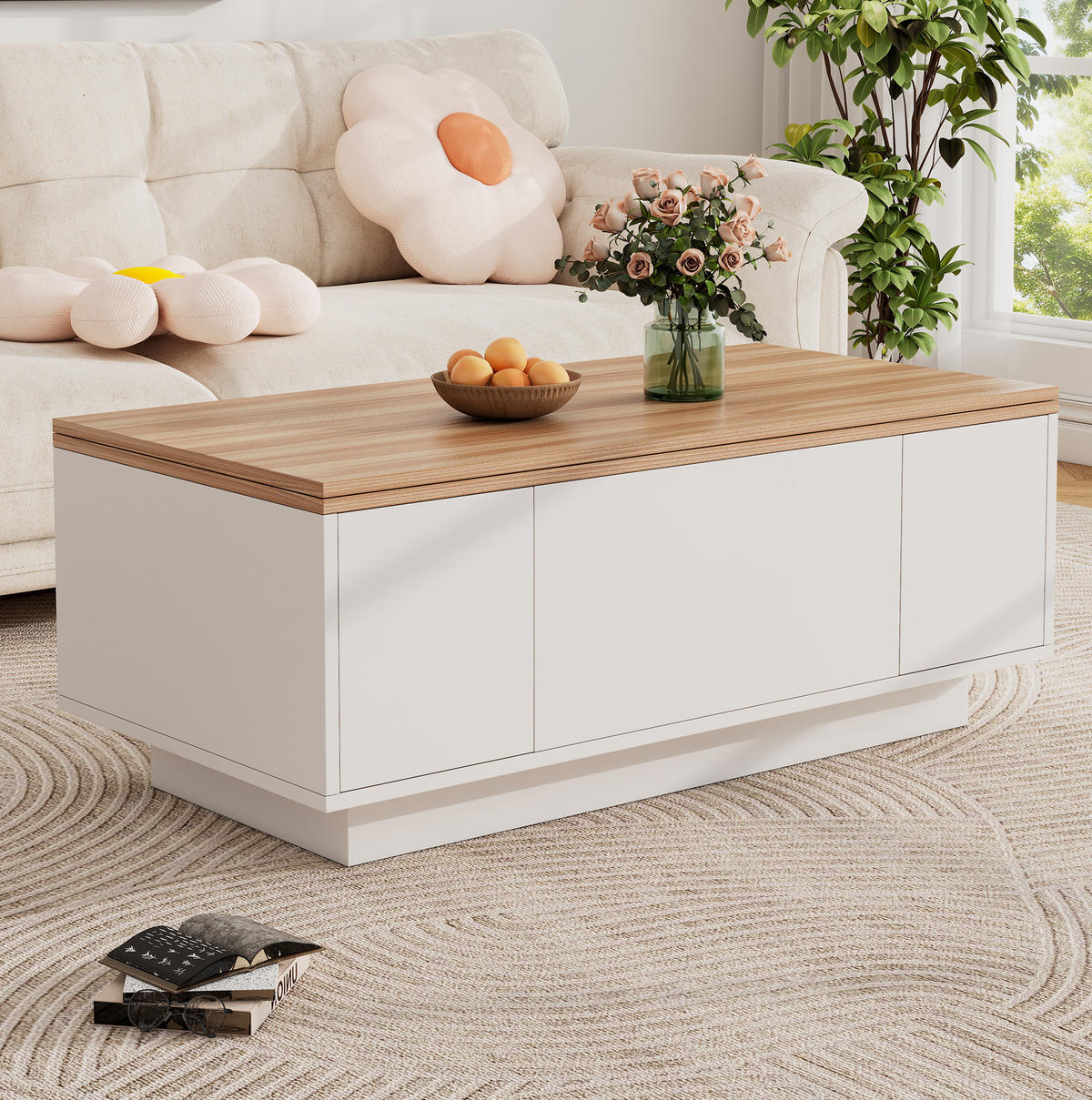 COUCHTISCH aus Spanplatte 100x50x55,5 cm Weiß mit Holzoptik, Doppel-Hebemechanismus und Stauraum - Weiß, Holzwerkstoff (100/50/55.5cm) - IVMEU