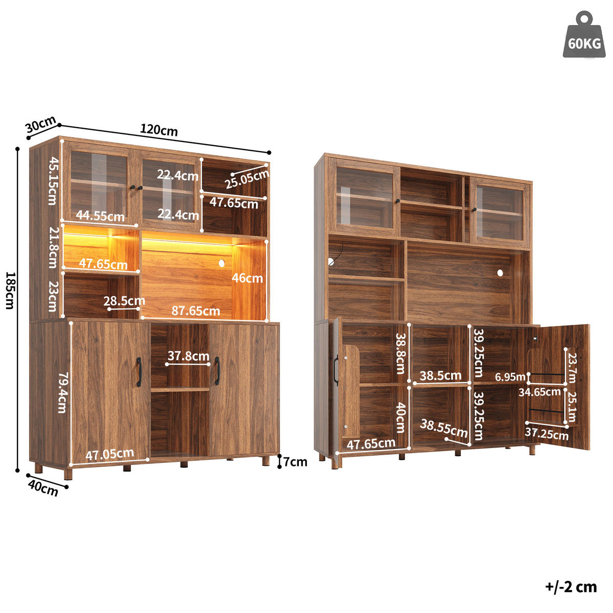 HIGHBOARD Holzoptik Walnuss mit LED & Glastüren - Walnussfarben, Glas/Holzwerkstoff (120/185/40cm) - Urban Meuble