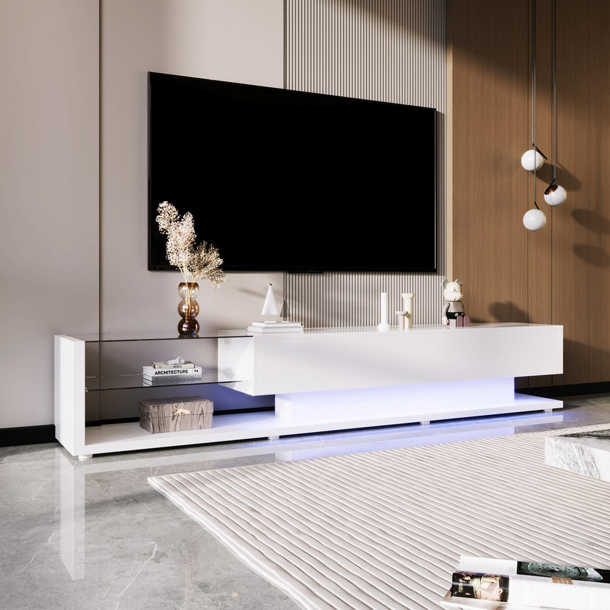 TV-SCHRANK Lowboard Hochglanzweiß LED-Beleuchtung rustikal & modern - Weiß, Holz (46/17/133cm) - FLIEKS