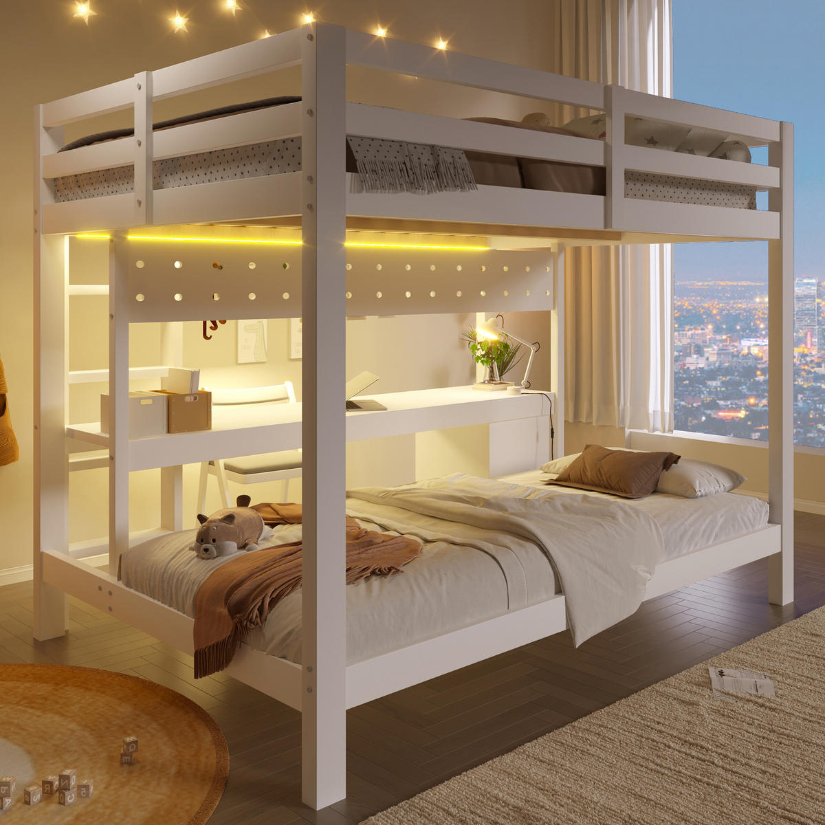 HOCHBETT 140/200 cm & 90/200 cm in Weiß mit Schubladen, Schreibtisch, Lochplatte und LED - Weiß, Holz/Holzwerkstoff (140/200cm) - CHICFURN