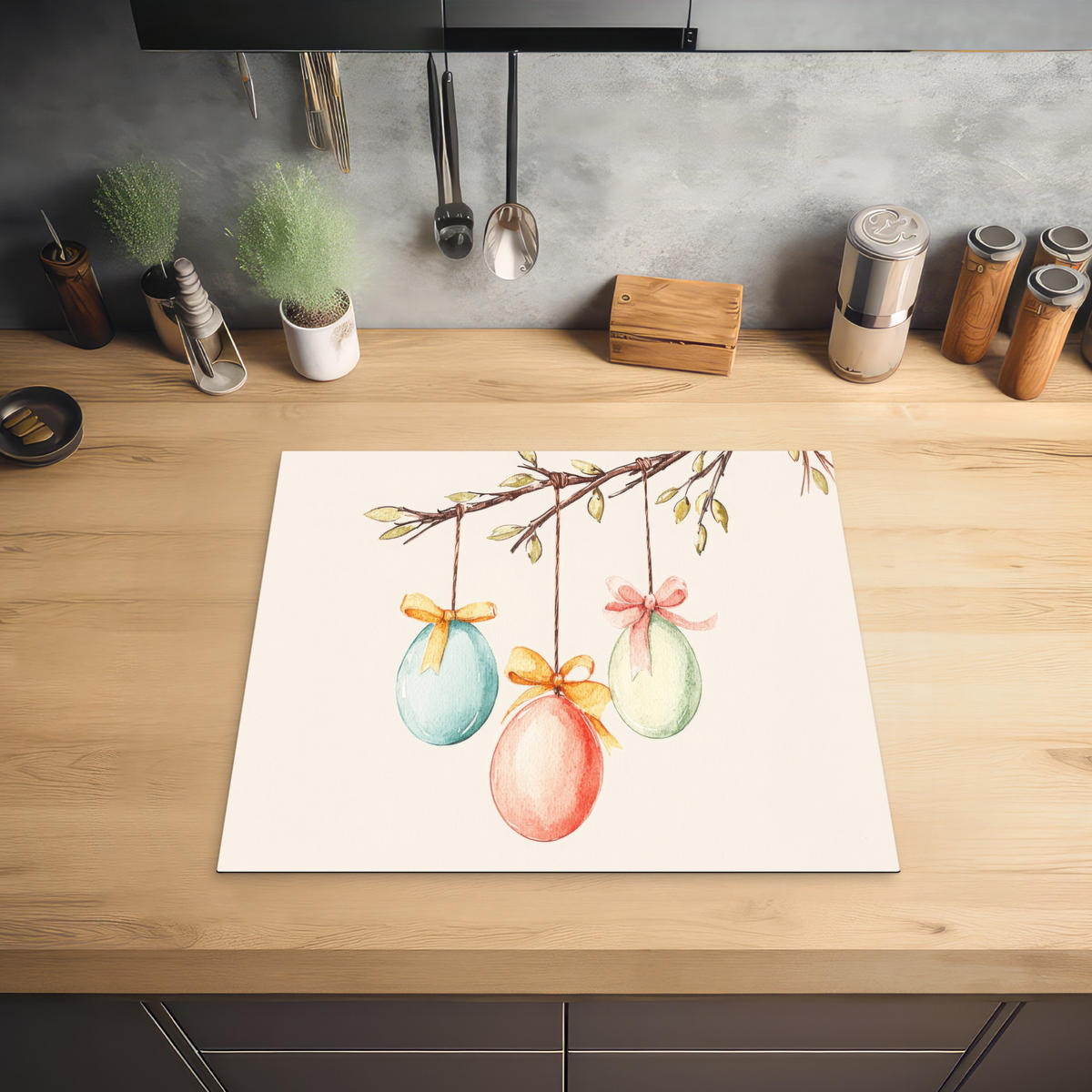 HERDABDECKPLATTE Osterkuchen - Schleife - Eier Ceranfeldabdeckung 59x52 cm - Creme, Kunststoff (59/52/0.2cm) - MuchoWow