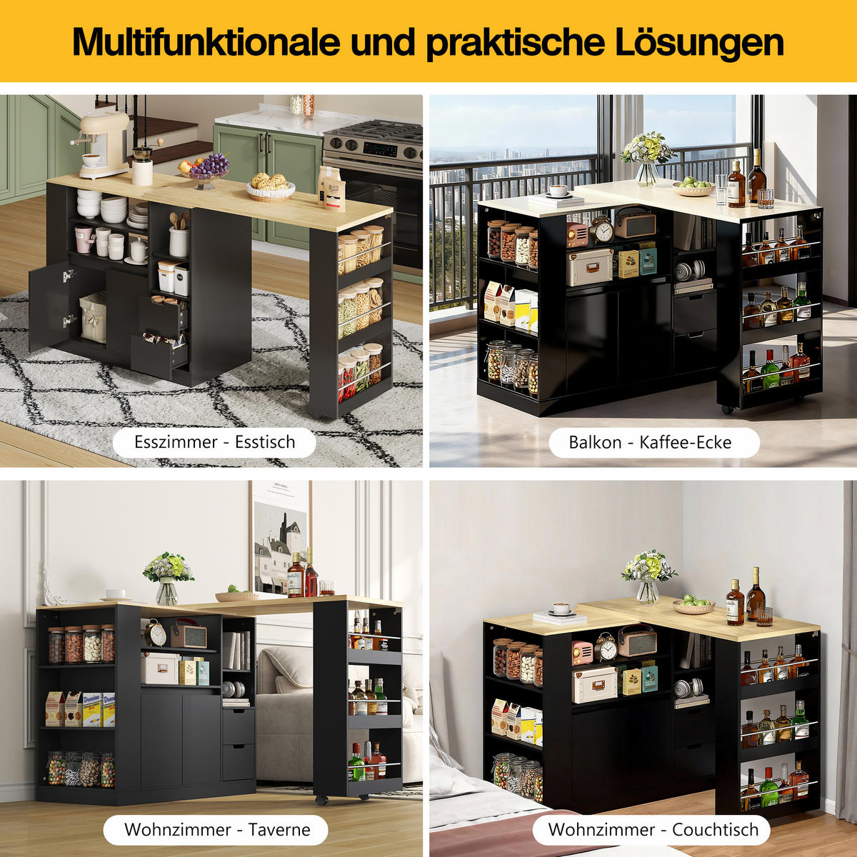 KÜCHENINSEL 115x50x92cm Schwarz mit drehbarer Ausziehplatte & Gewürzregal - Schwarz, Holzwerkstoff (115/92/50cm) - Modfu