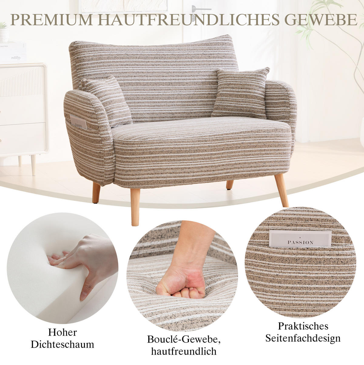 2-SITZER-SOFA aus Bouclé 121x81,5x87 cm in Beige mit Seitentaschen - Beige, Textil (81.5/87/121cm) - Modfu