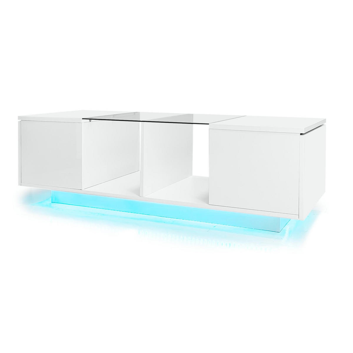 COUCHTISCH aus MDF, Glas und Spanplatte 120x50x38,5 cm Weiß mit LED-Beleuchtung, Glasplatte und Stauraum - Weiß, Holzwerkstoff (120/50/38.5cm) - Modfu