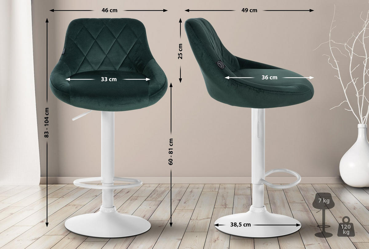 BARHOCKER 2er Set Samt dunkelgrün - Dunkelgrün/Weiß, Textil/Metall (46/83/49cm) - CLP