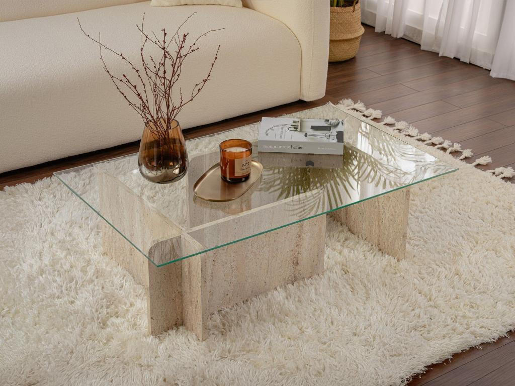 COUCHTISCH - Sicherheitsglas - Travertin-Optik - Beige & Transparent - AZRA - Transparent/Creme, Holz (105/65/30cm) - Vente-Unique