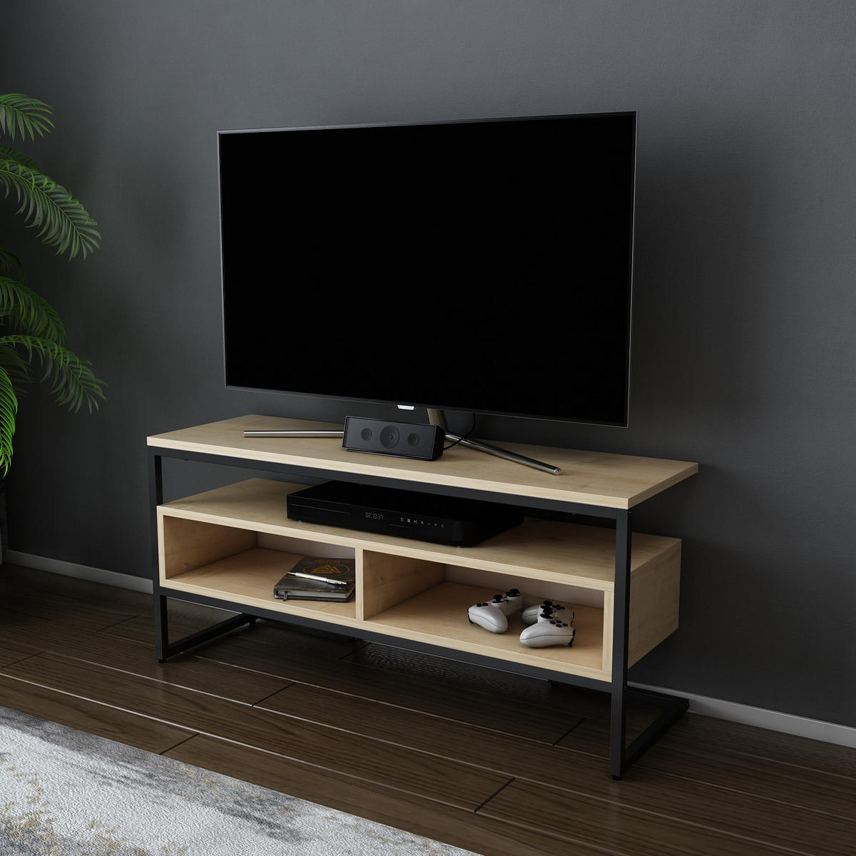 TV-ELEMENT Merrion Schwarz und Eiche Safir - Eichefarben/Schwarz, Holzwerkstoff (111/51/35cm) - Decorotika