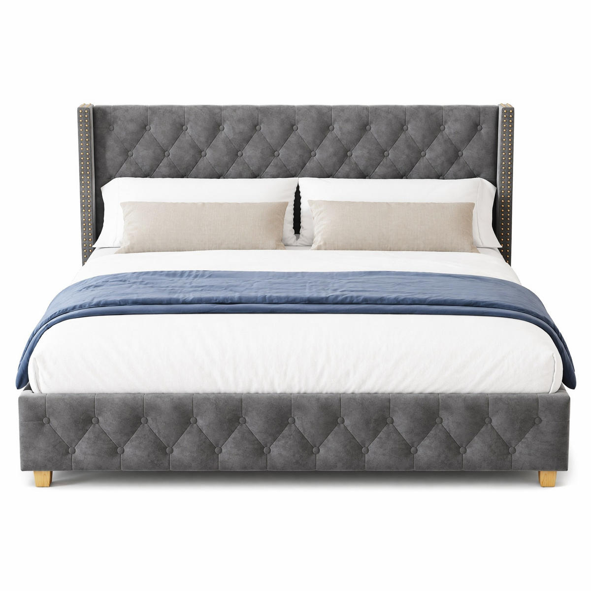 POLSTERBETT 160/200 cm in Grau Samt mit Kopfteil und Knopfheftung - Grau, Holzwerkstoff/Textil (160/200cm) - CHICFURN