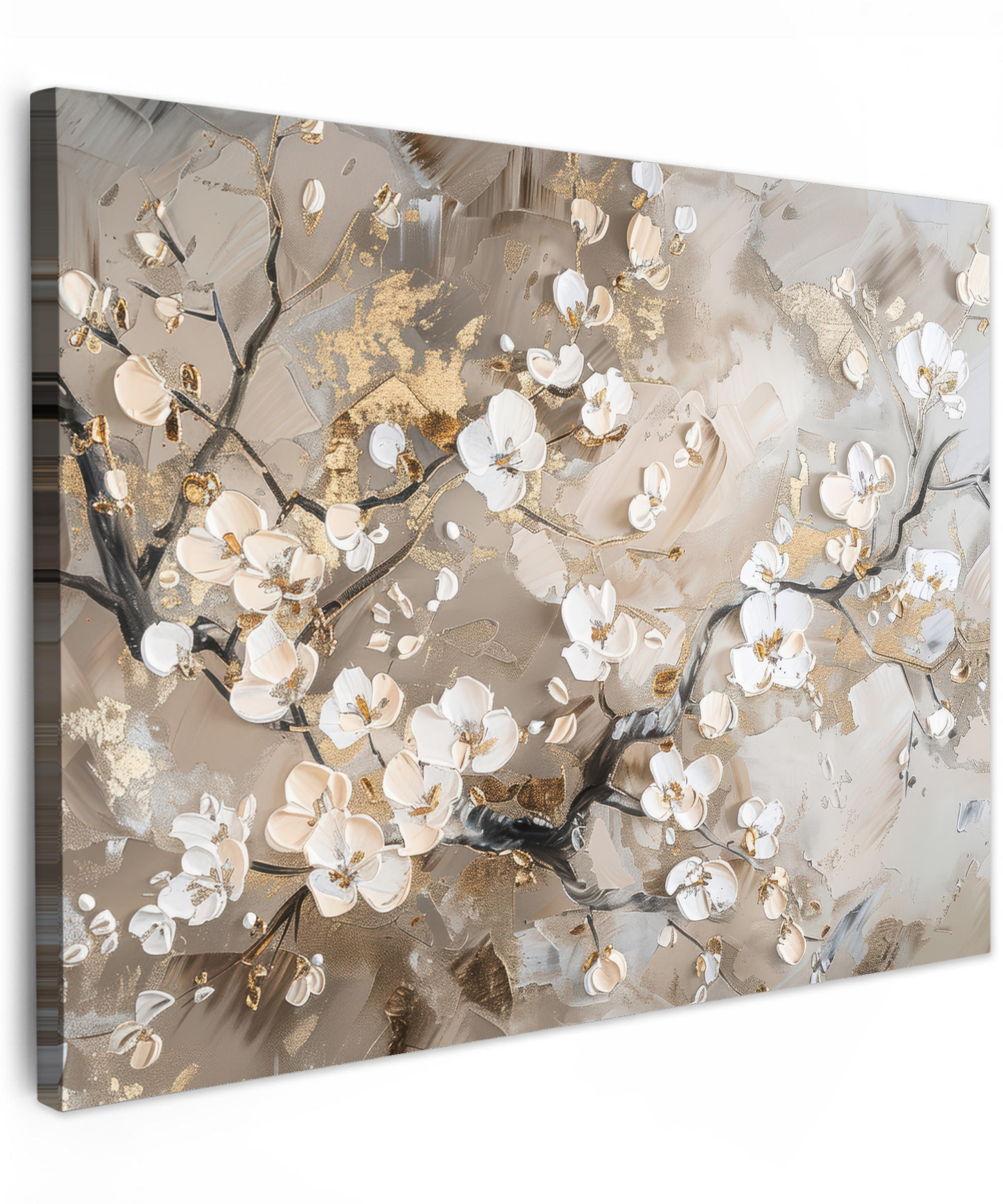 LEINWANDBILD Blumen - Weiß - Gold - Beige - Luxus Wandbild 40x30 cm - Greige, Textil (40/30cm) - MuchoWow