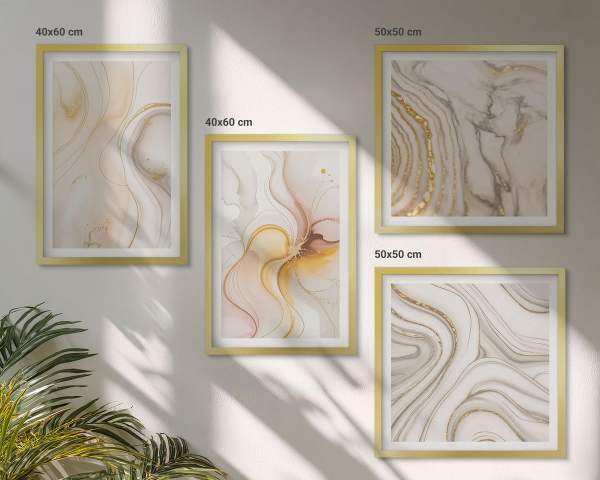 WANDBILDER 4er Set - 50x50 cm & 40x60 cm Goldrahmen - Abstrakte warme Muster - Goldfarben, Kunststoff (50/50cm) - ArtPrintCave