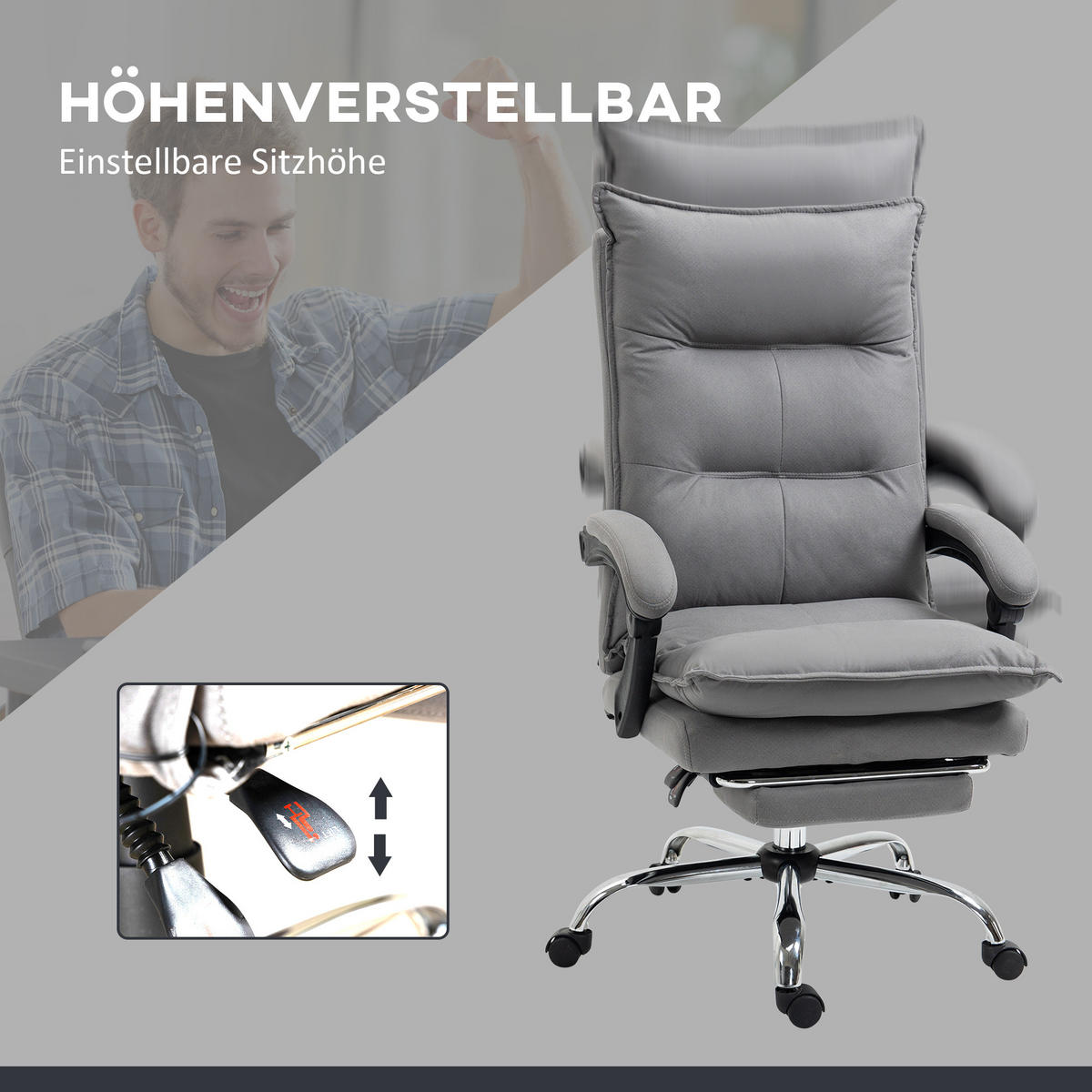 MASSAGE-BÜROSTUHL, Mikrofaser, Grau - Grau, Kunststoff (74/121.5/66cm) - Vinsetto