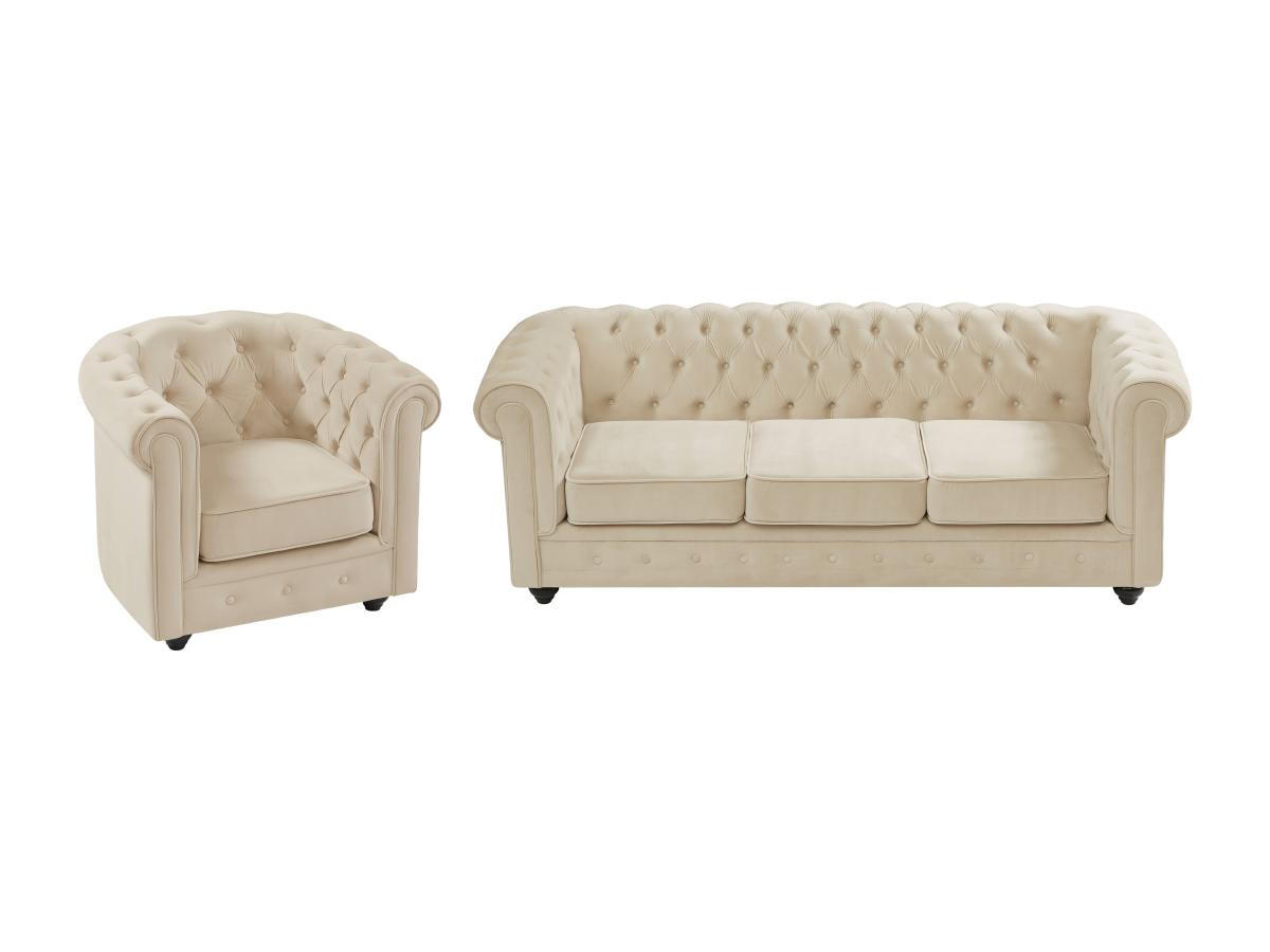 SOFA 3-Sitzer & Sessel - Samt - Beige - CHESTERFIELD - Beige, Textil (88/72/205cm) - Vente-Unique