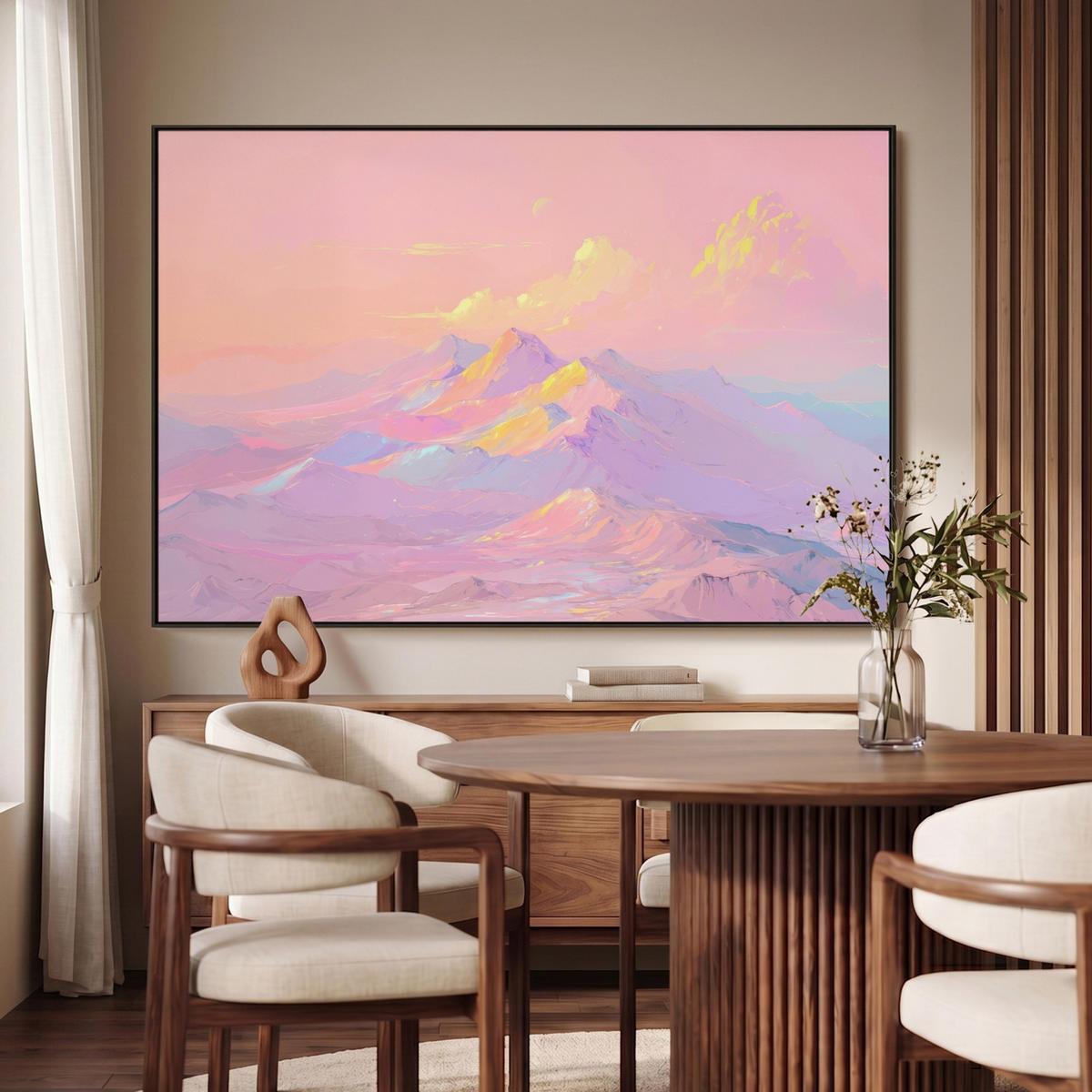 LEINWAND Bilder mit Rahmen - Berggipfel - Wolken - Verträumt - 150x100 - Hellrosa, Textil (150/100cm) - MuchoWow