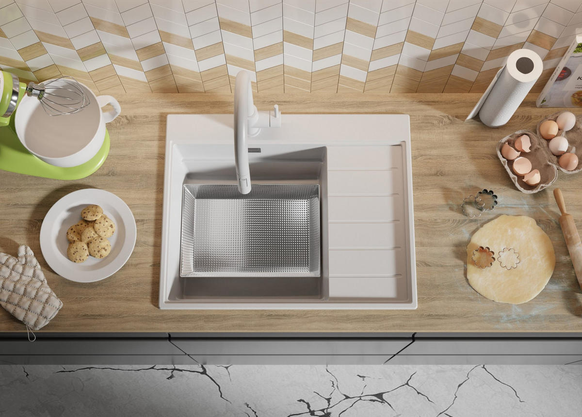 SPÜLBECKEN Sydney, 2-er set Weiß 62/50 cm 1 Becken + Ablauf-Set + Küchenzubehörset ab 45er Unterschrank - Chromfarben/Beige, Kunststoff (62/20/50cm) - Primagran