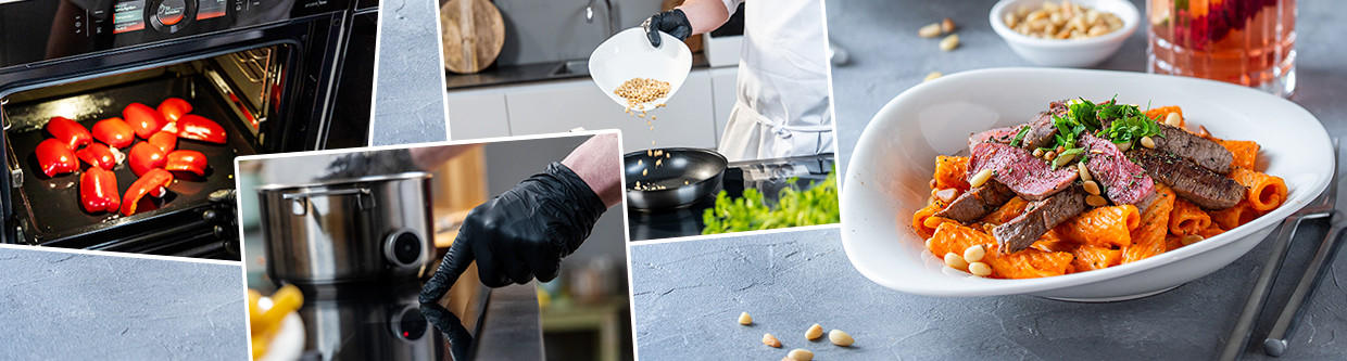 Pasta mit geroesteter Paprikasosse und Filetstreifen
