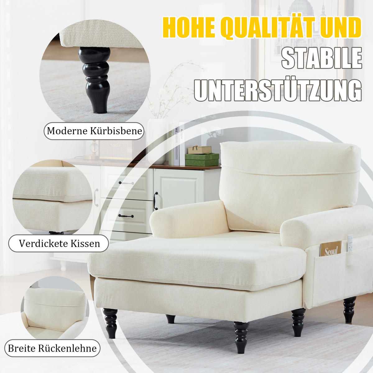 RELAXSESSEL Chenille mit Stauraum polstersessel für Wohnzimmer Schlafzimmer Beige - Beige, Textil (97/86/125cm) - PARAFTA HOME