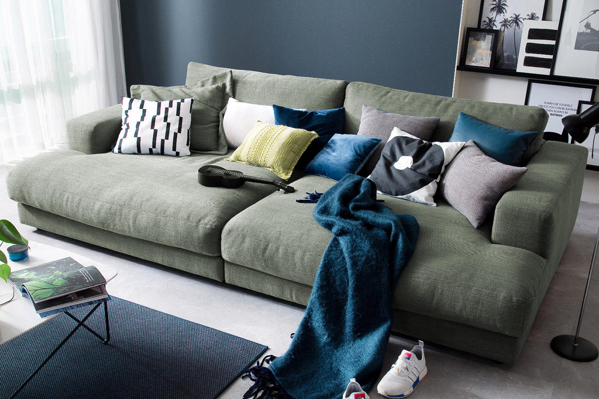BIG SOFA MADELINE Grün Webstoff - Schwarz/Olivgrün, Kunststoff/Textil (290/85/170cm) - KAWOLA