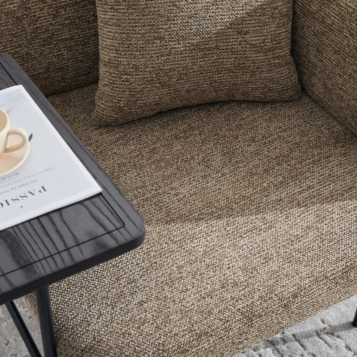 SESSEL 86/72/71 cm khaki aus Chenille mit Beistelltisch und Seitentaschen - Sandfarben, Textil (72/71/86cm) - OKWISH