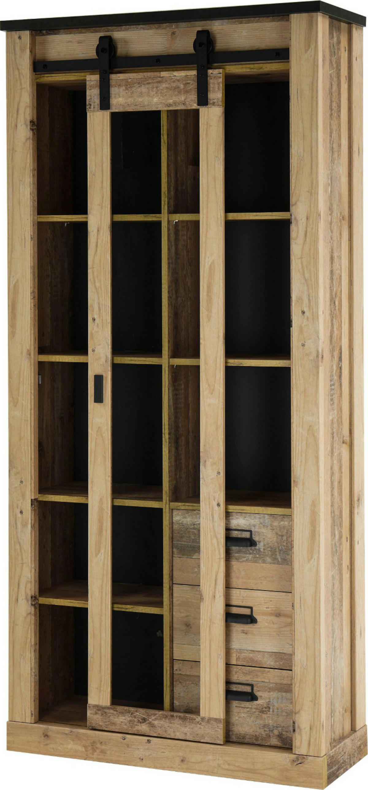 VITRINE Used Wood hell, anthrazit, Vitrinenschrank mit Schiebetür - Anthrazit/Schwarz, Glas/Holzwerkstoff (93/201/38cm) - Furn.Design