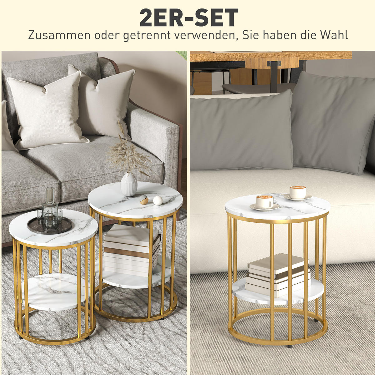 COUCHTISCH-SET 2-teilig mit Ablage, Marmoroptik und verstellbaren Fußpads, Weiß - Weiß, Holz (45/45/55cm) - Modfu