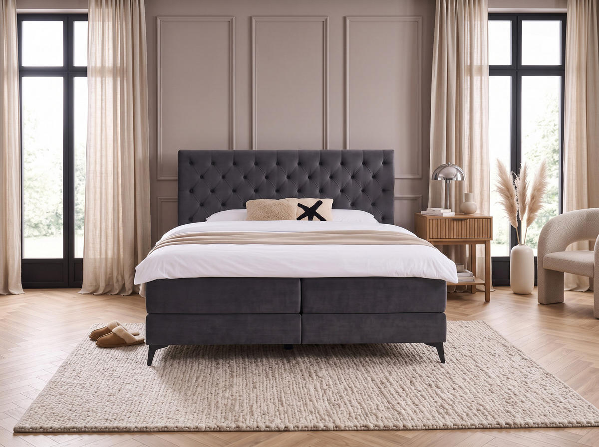 BOXBETT Amber Anthrazit 160/200 cm Samt mit Bettkasten, mit Matratze, mit Premium Topper H2/H3 - Anthrazit/Schwarz, Textil (160/200cm) - wonello