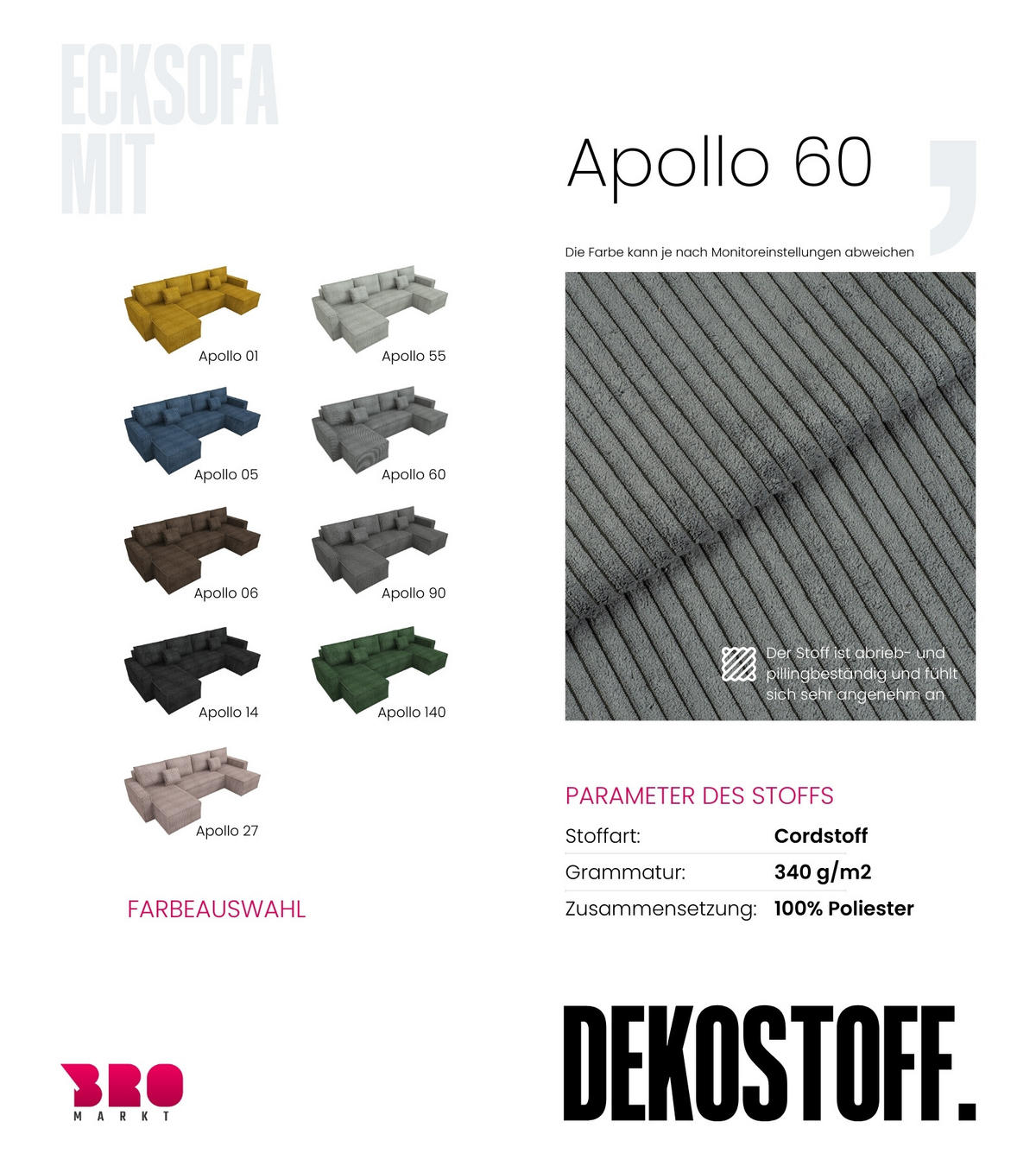 WOHNLANDSCHAFT Dexter U mit Schlaffunktion Grau Cord - Grau, Textil (310/80/141cm) - Bromarkt