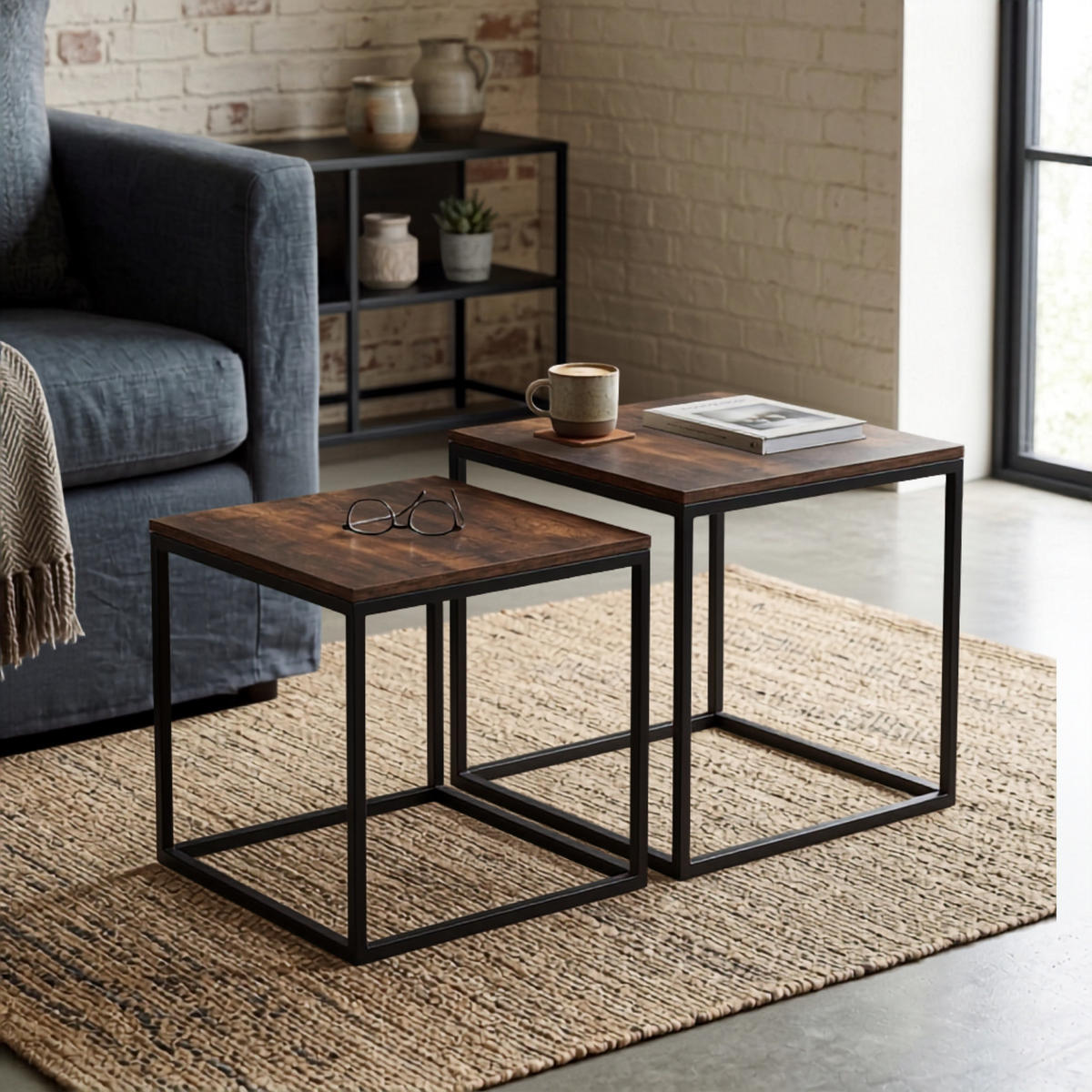 COUCHTISCH 2er-Set quadratisch Schwarz, Dunkelbraun - Braun, Metall (50/50/50.5cm) - SCENA LIVING