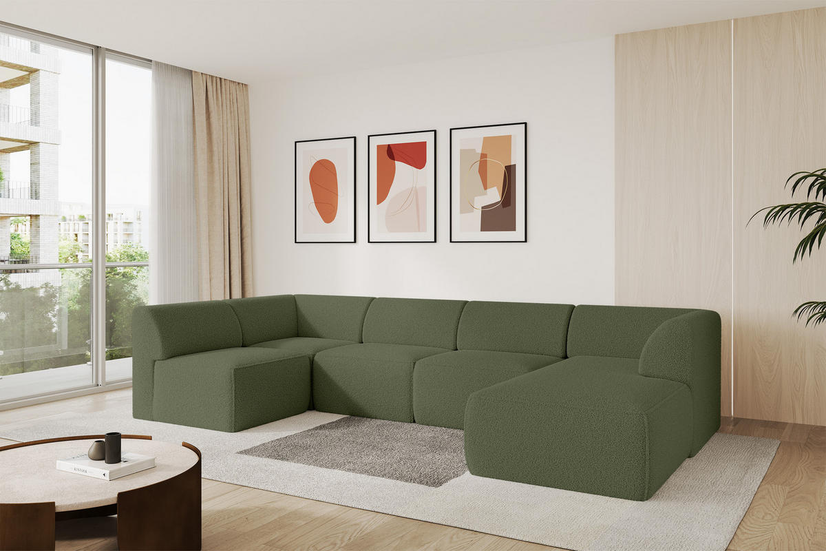 WOHNLANDSCHAFT Ottomane Rechts MOVO-L 345x180x78 cm Grün Bouclé - Dunkelgrün, Holzwerkstoff/Kunststoff (180/78/345cm) - ALTDECOR