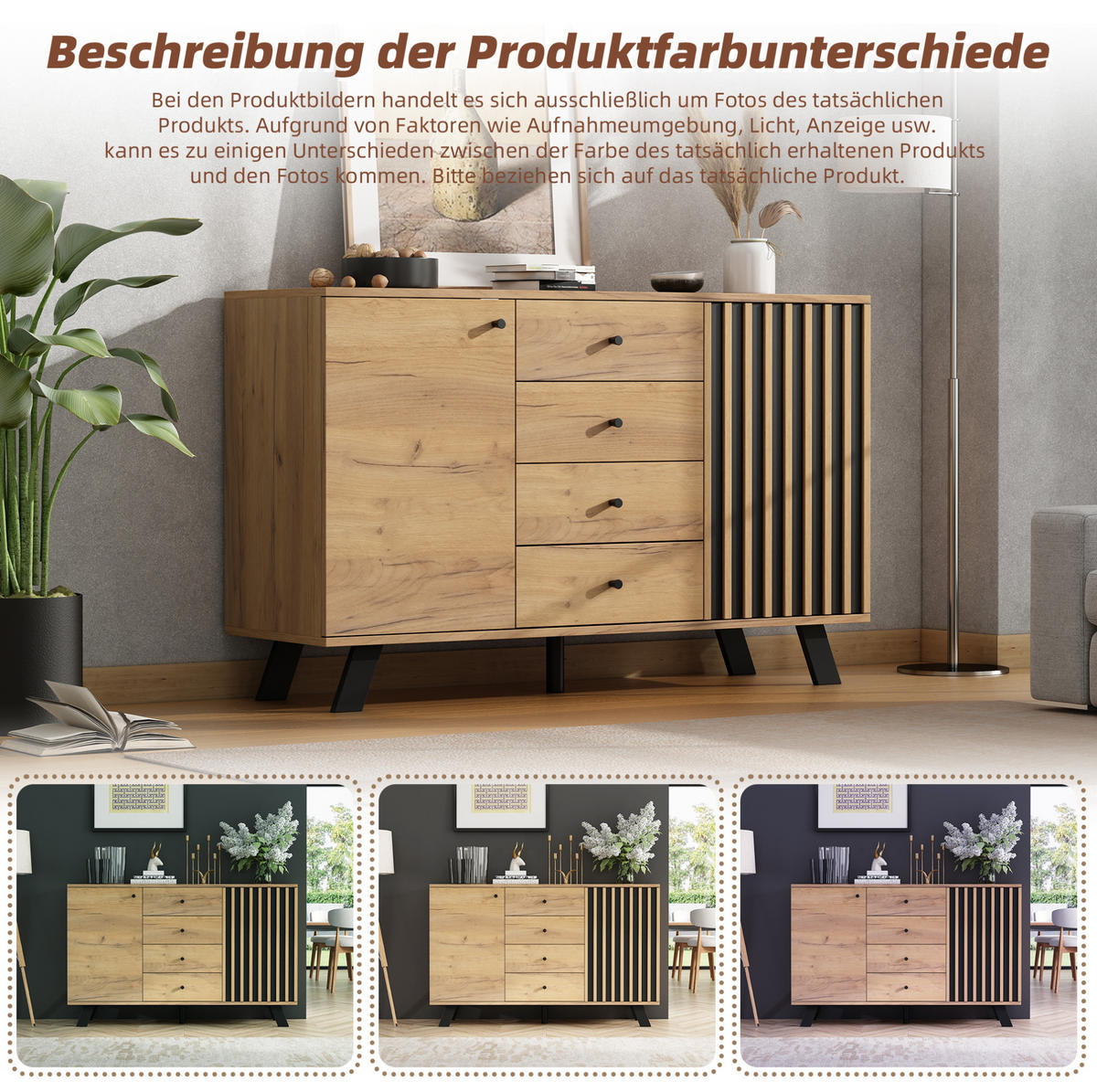 SIDEBOARD 120/38/75 cm Schwarz/Natur aus MDF mit 4 Schubladen und 2 Schränken - Schwarz, Holzwerkstoff (38/75/120cm) - OKMYHOME