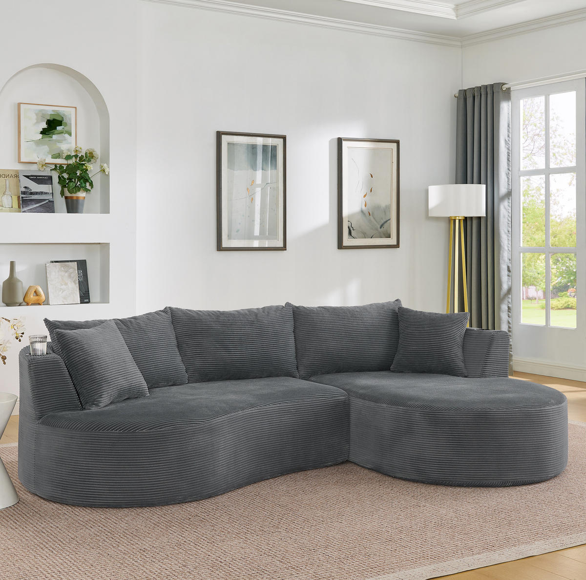 3-SITZER Sofa mit Getränkehaltern, Kissen und weichem Kordstoff, Grau - Grau, Kunststoff (264/76/168cm) - Redom