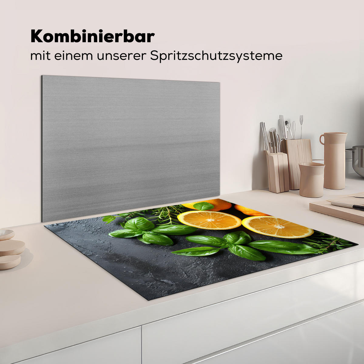 HERDABDECKPLATTE Obst - Grau - Konkret - Orange - Pflanzen Induktionsmatte 77x59 cm - Anthrazit, Kunststoff (77/59/0.2cm) - MuchoWow
