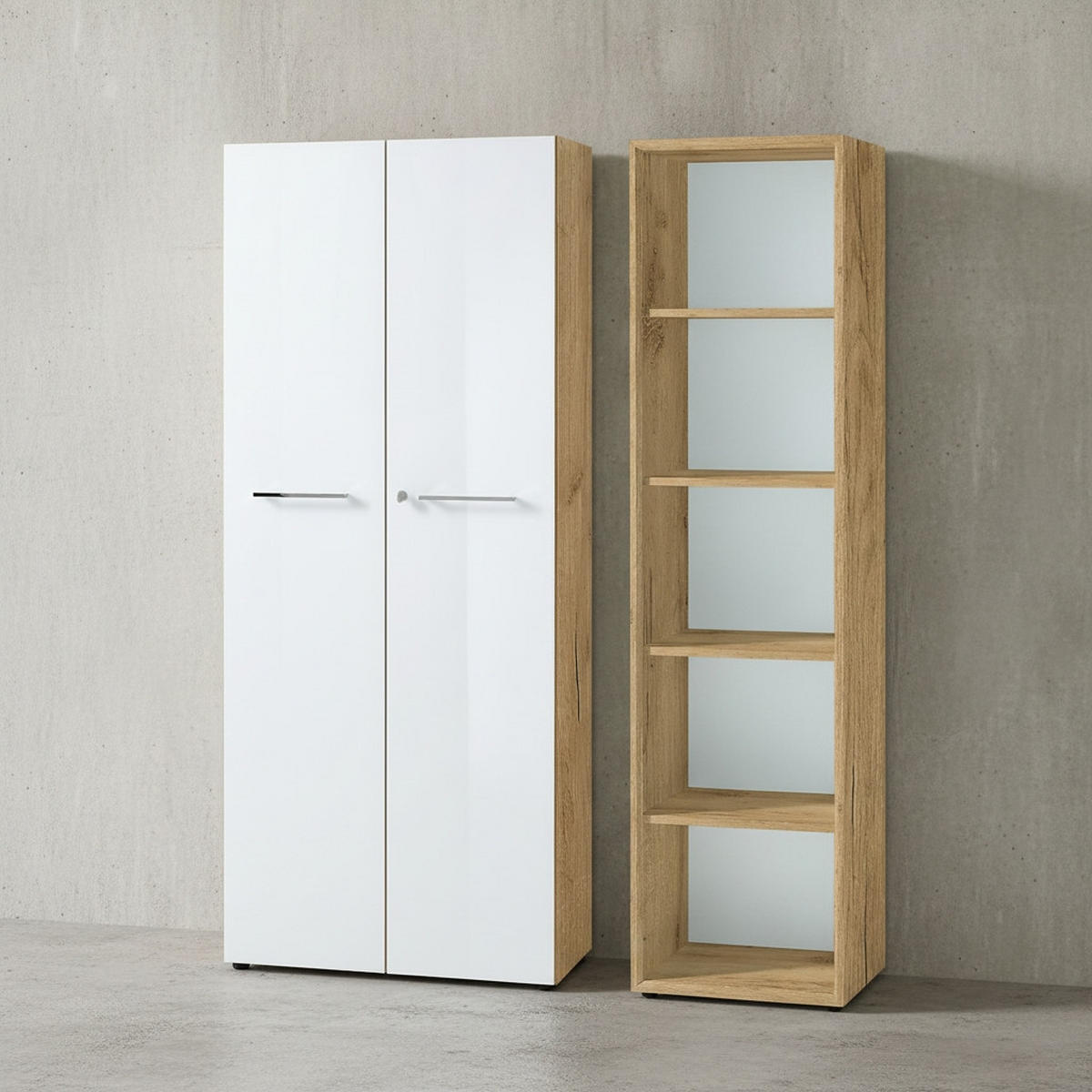 BÜRO-SET MUENCHEN 2-teilig | Schrank & Regal 5 OH | Glas Front & Abschließbar | Chalet-Eiche-Nb./Weiß - Weiß, Holzwerkstoff/Metall (145/196/37cm) - KADIMA DESIGN