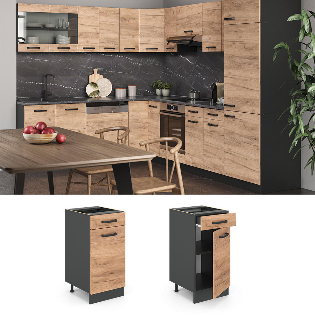 KÜCHENUNTERSCHRANK R-Line Goldkraft Eiche 40 cm ohne AP - Anthrazit/Eiche Wotan, Holzwerkstoff (40/81.6/46cm) - Vicco