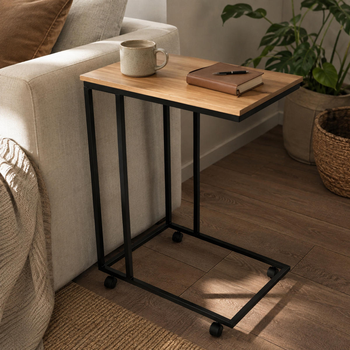 BEISTELLTISCH mit Rollen Braun 35/50/61 cm - Hellbraun, Metall (35/50/61cm) - SCENA LIVING