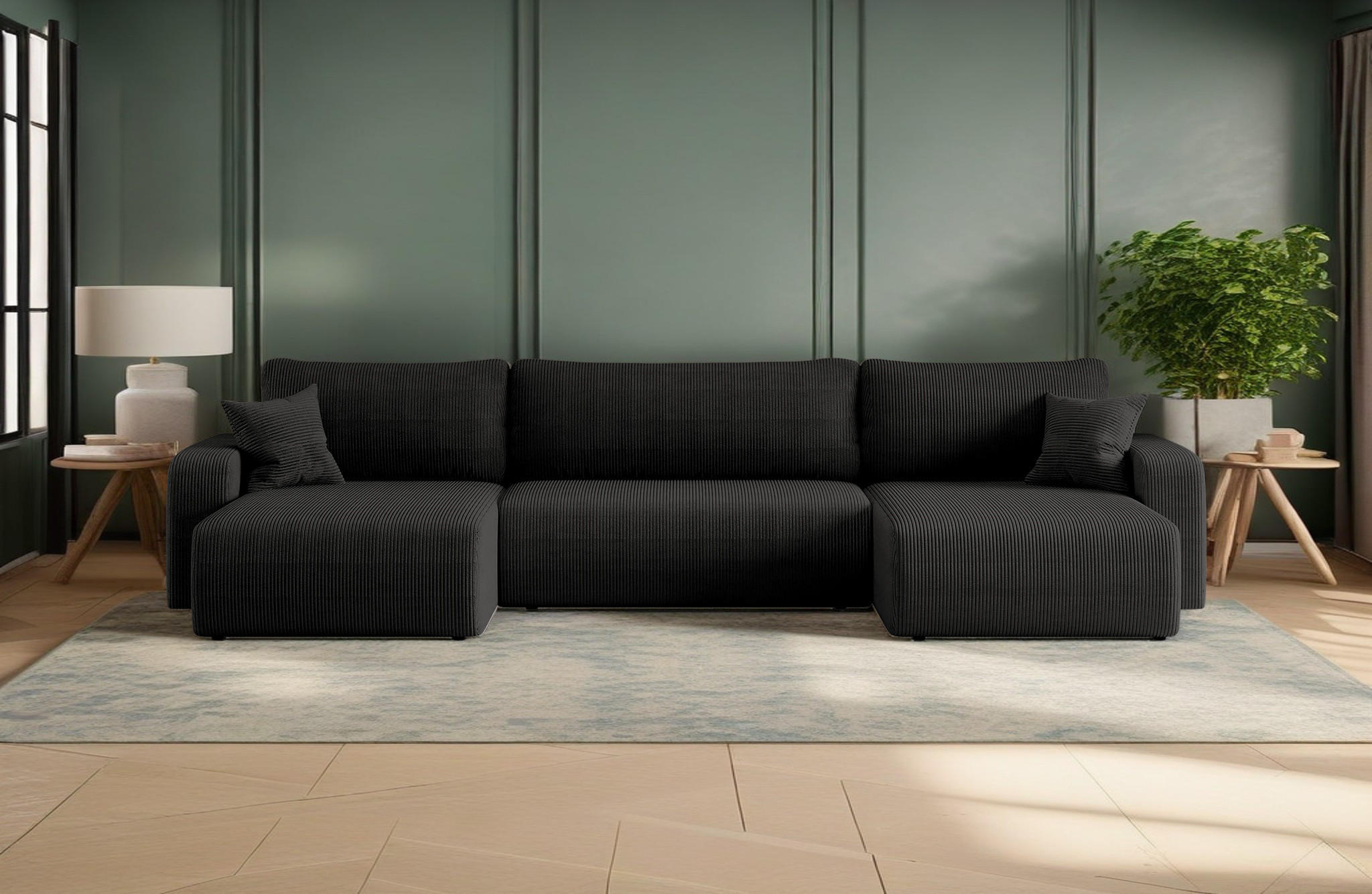 ECKSOFA U-Form Mit Schlaffunktion Und Bettkasten MILANO Dicker Cord Schwarz - Schwarz, Holz/Textil (312/145cm) - Kaiser Möbel