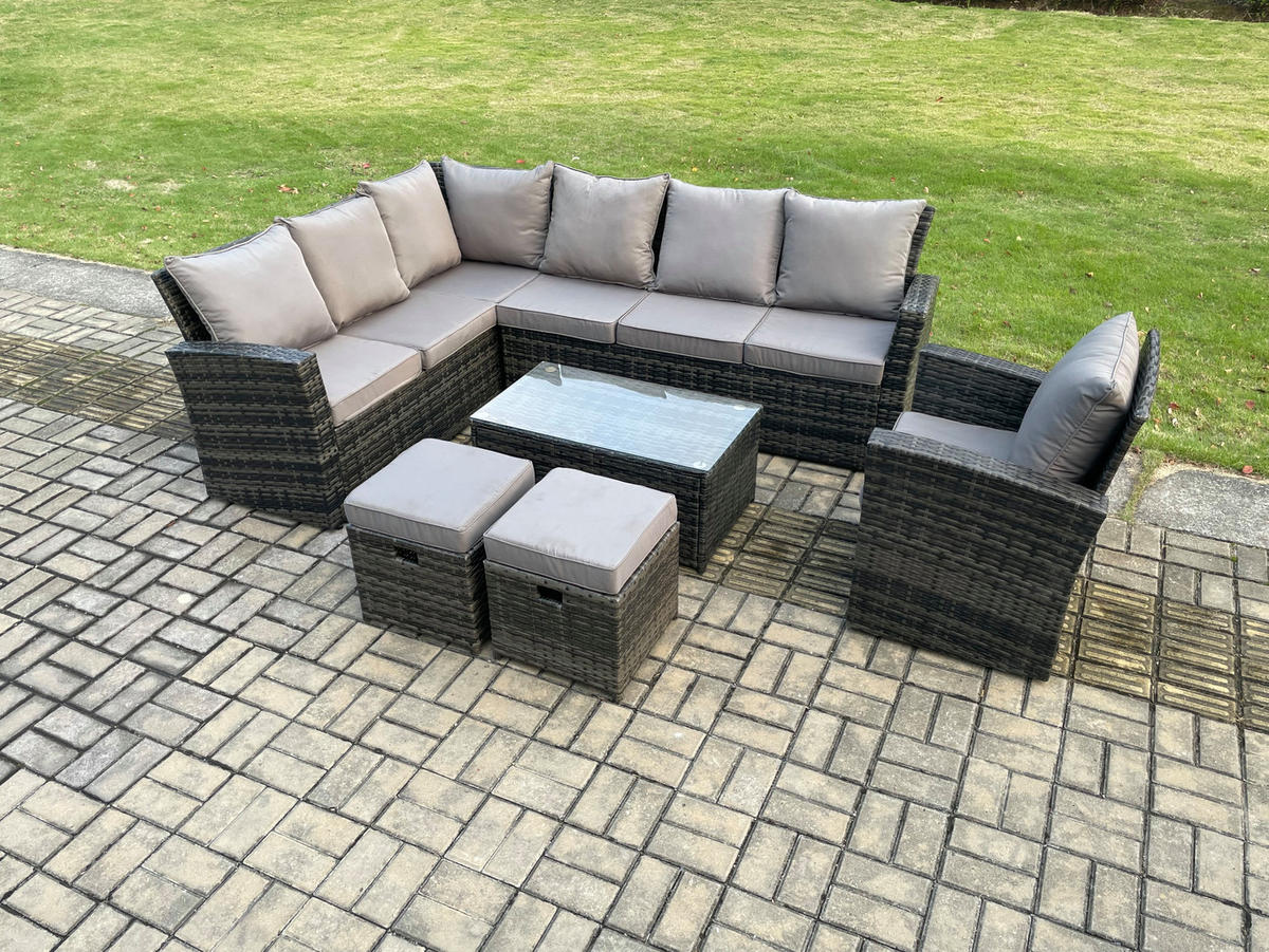 LOUNGEMÖBEL-SETS mit Couchtisch Sofa Polyrattan Dunkelgrau 9-Sitzer - Dunkelgrau/Grau, Glas/Kunststoff - Fimous