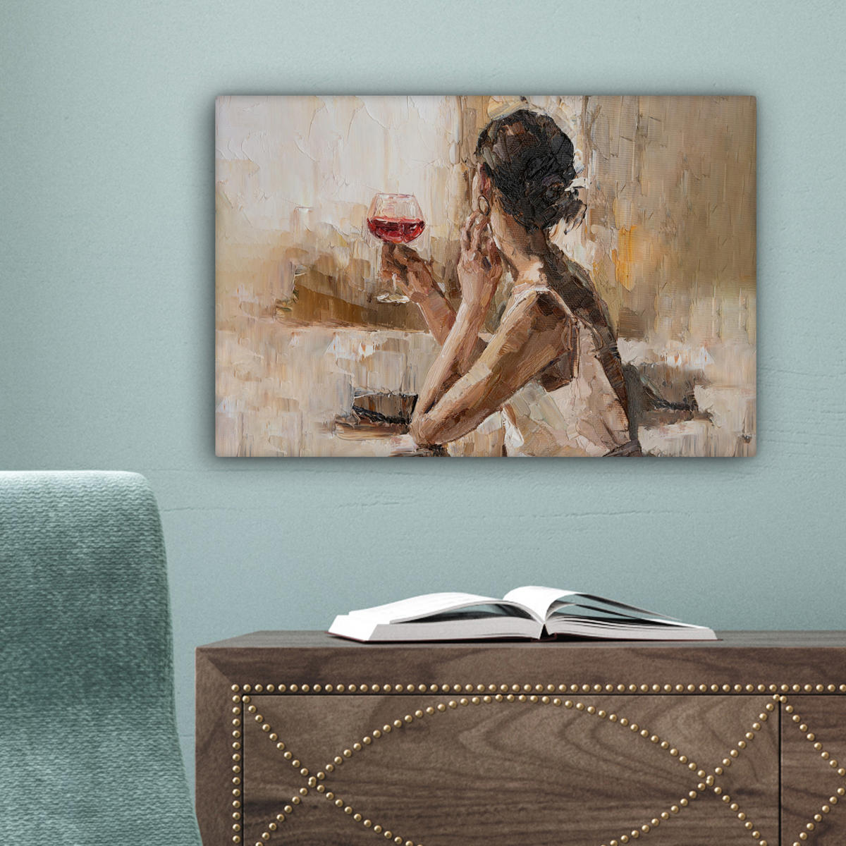 LEINWANDBILD Ölgemälde - Frau - Wein Deko Schlafzimmer 30x20 cm - Hellbraun, Textil (30/20cm) - MuchoWow